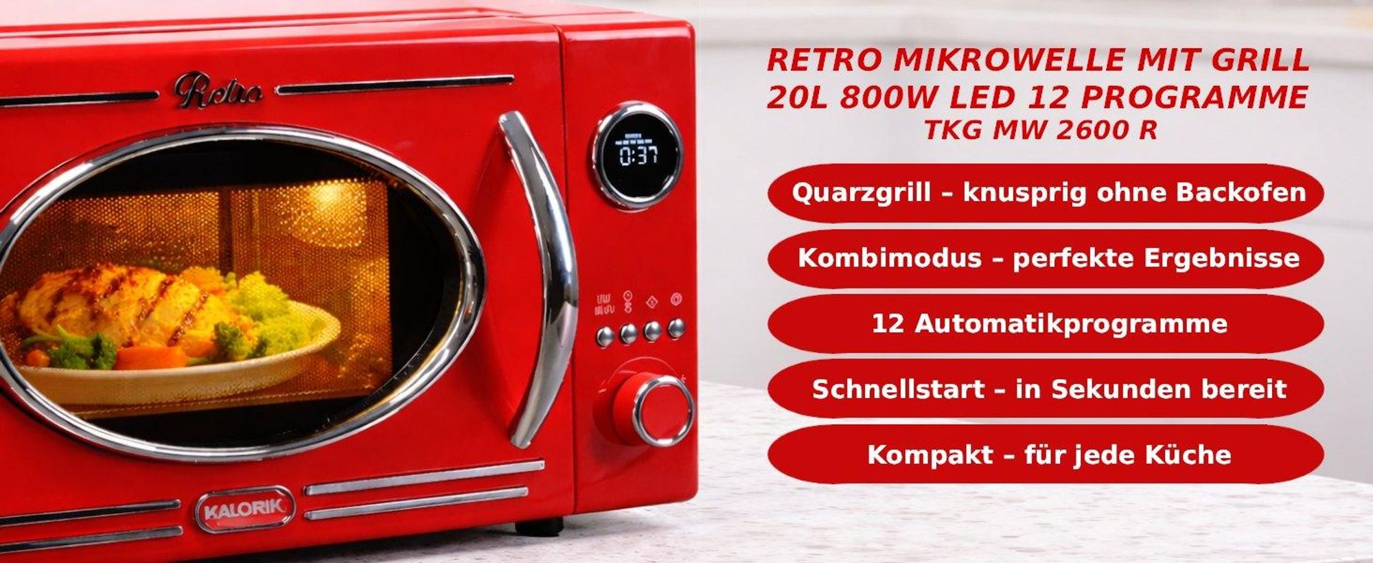Retro Mikrowelle, rot, mit Grillfunktion MW 2600 DGR Kalorik 1150W
