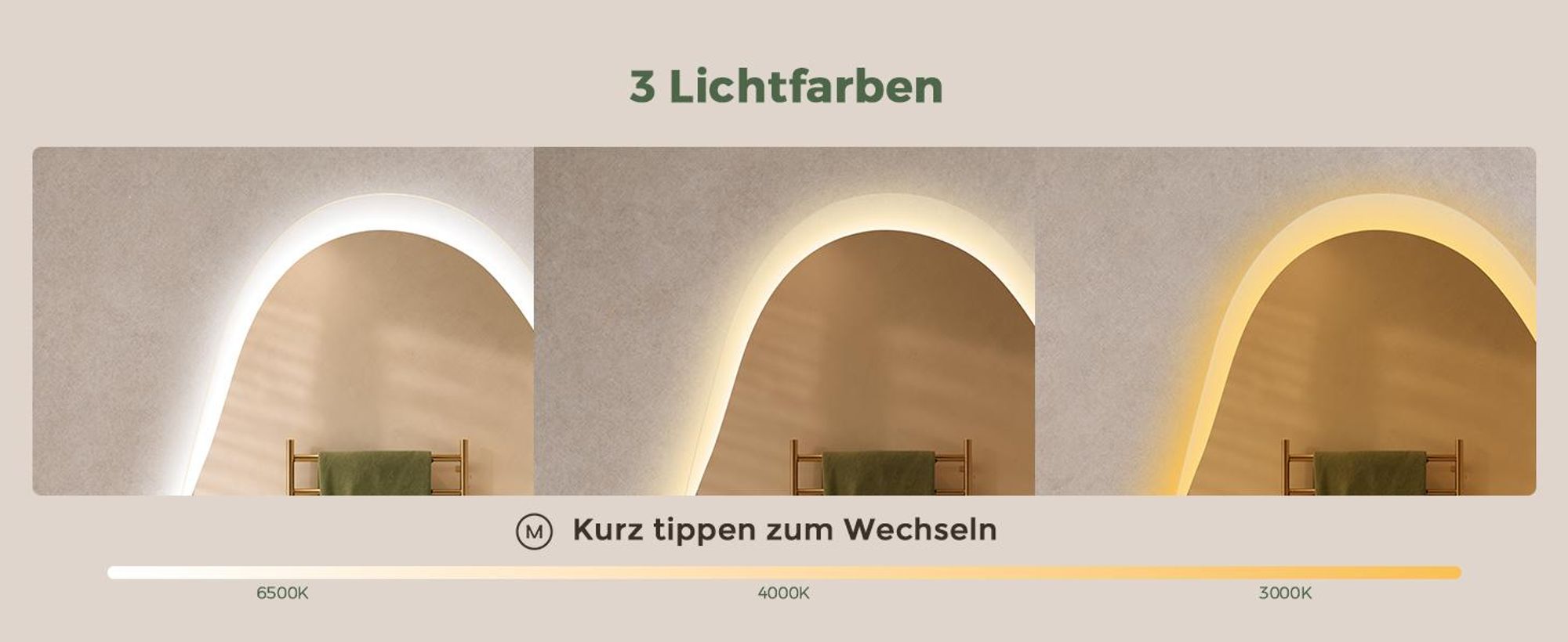 S'AFIELINA Badspiegel mit Beleuchtung 48 × 72 cm, rahmenlos, asymmetrisch,3 Lichtfarben, dimmbar, Antibeschlag und Memory-Funktion