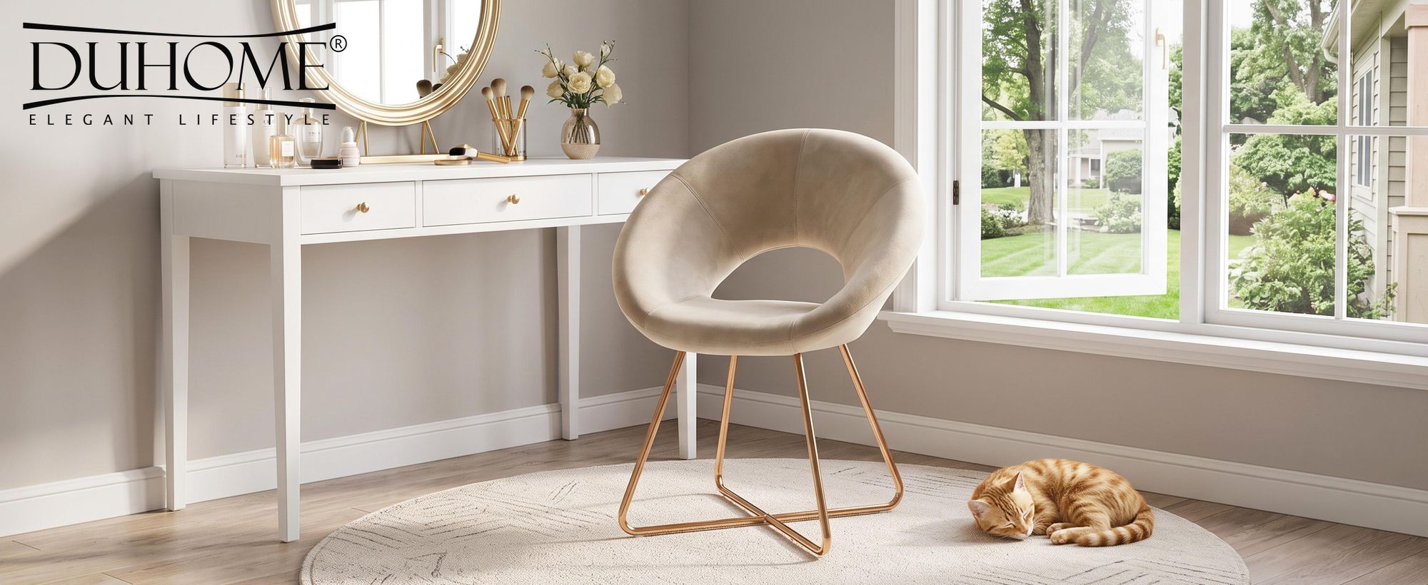 Duhome Esszimmerstuhl Schminktisch Stuhl Wohnzimmerstuhl Samt Sessel Küchenstuhl Polsterstuhl mit Gold Metallbeine, Beige