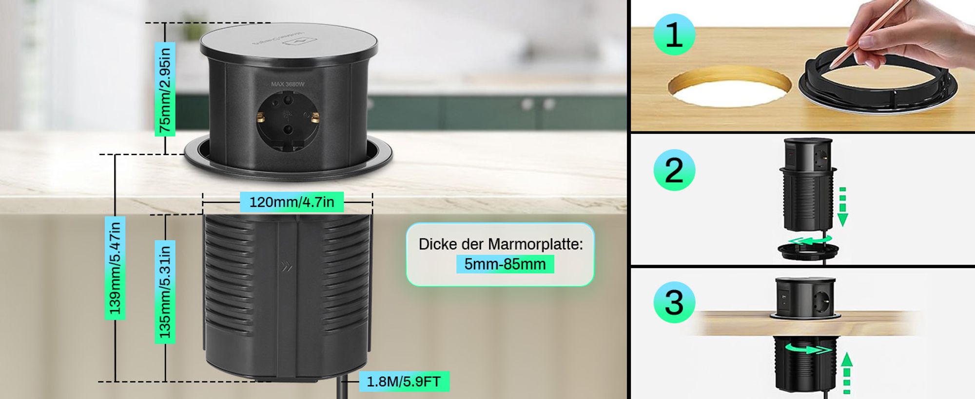 Mehrfachsteckdosen Versenkbare Steckdose 2USB A 3 Fach Tischsteckdose Steckdosenleiste mit 15W Kabellosem Ladegerät Einbausteckdose für Arbeitsplatte
