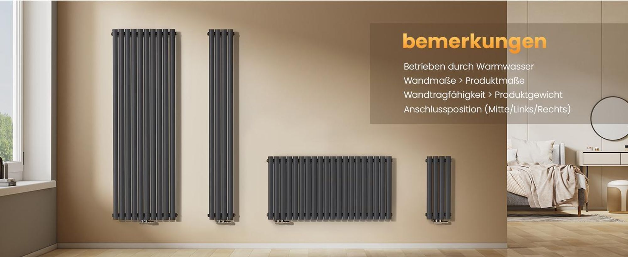 EMKE Design-Röhrenheizkörper für Warmwasserbetrieb Mittelanschluss Vertikal Oval Einlagig 266 Watt 24cm x 90cm Anthrazit ohne Heizstab