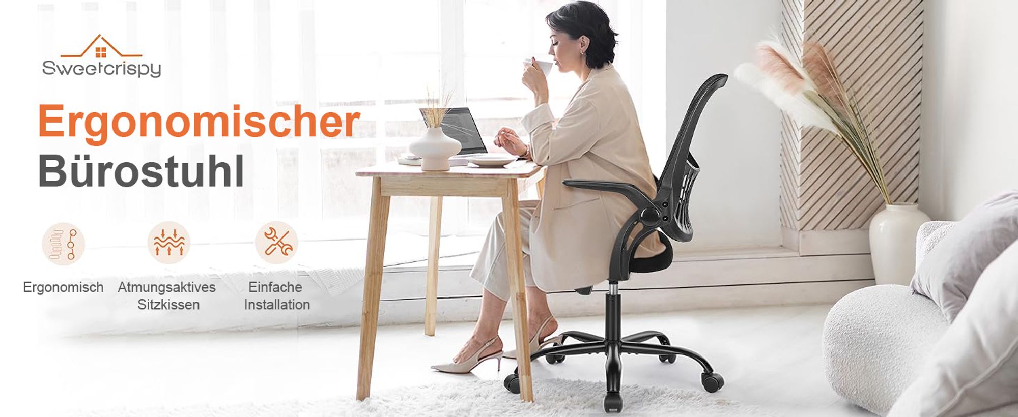 Bürostuhl Ergonomisch, Bürostuhl – Ergonomischer Sitz – Sessel mit 90° klappbarer Armlehne – Lordosenstütze – höhenverstellbar - Schwarz