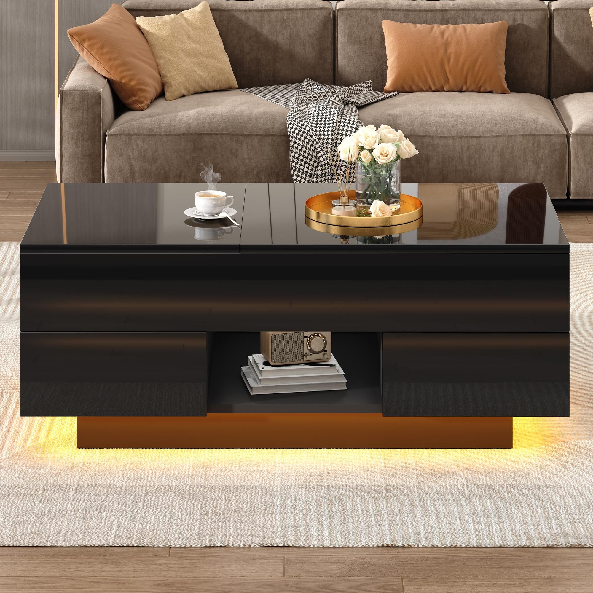 Merax Couchtisch Hochglanz mit LED, höhenverstellbare Sofatisch mit 2 Schubladen und Stauraum, Wohnzimmertisch mit klappbare Tischplatte, Schwarz