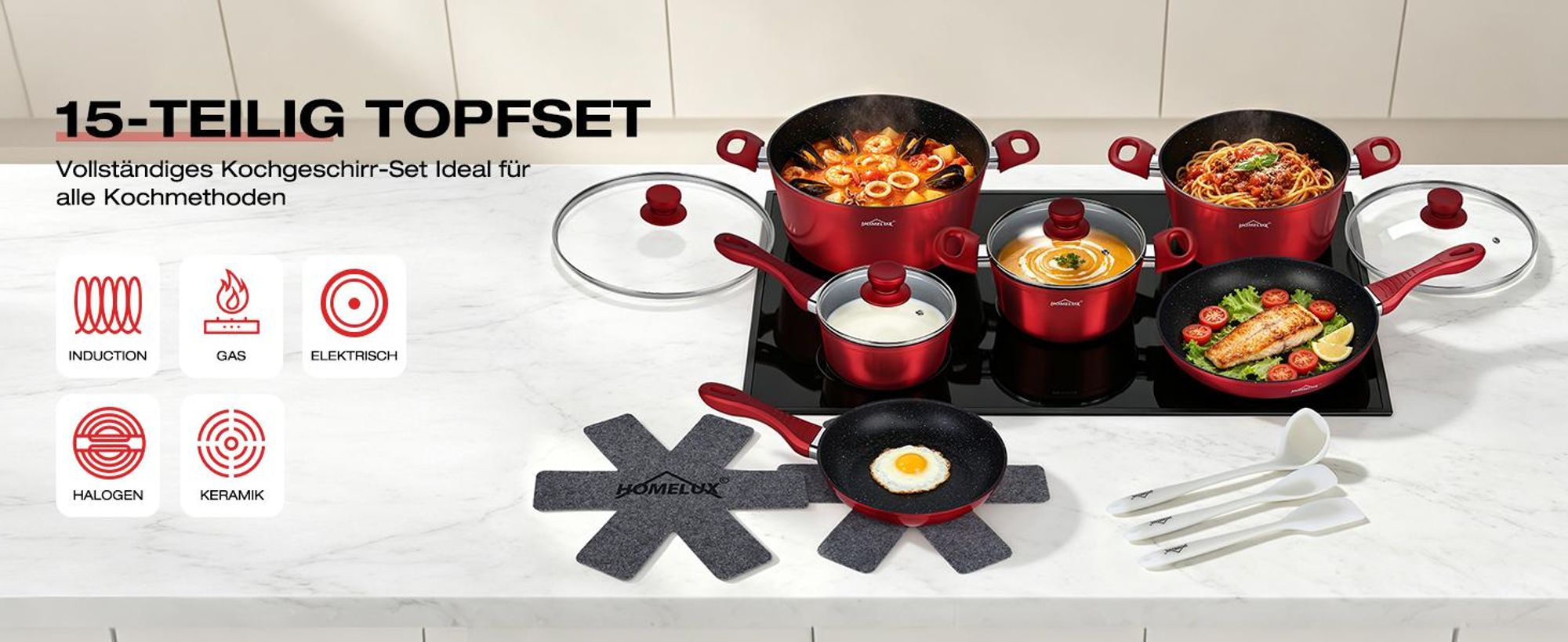 Topfset Induktion 15-Tlg Topfset Pfannenset Kochtopfset, Aluminium Antihaft-beschichtete Töpfe & pfannen,Cookware-Rot(HLCW15RD)