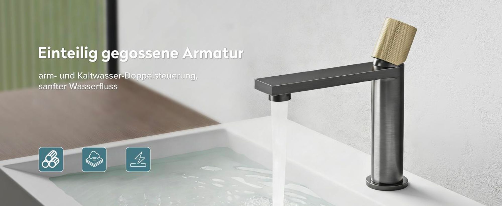 doporro Wasserhahn Bad, Waschtischarmatur mit Auslaufhöhe 107 mm, Edelstahlgehäuse, Mischbatterie für Waschbecken Armaturen Grau Fino-01