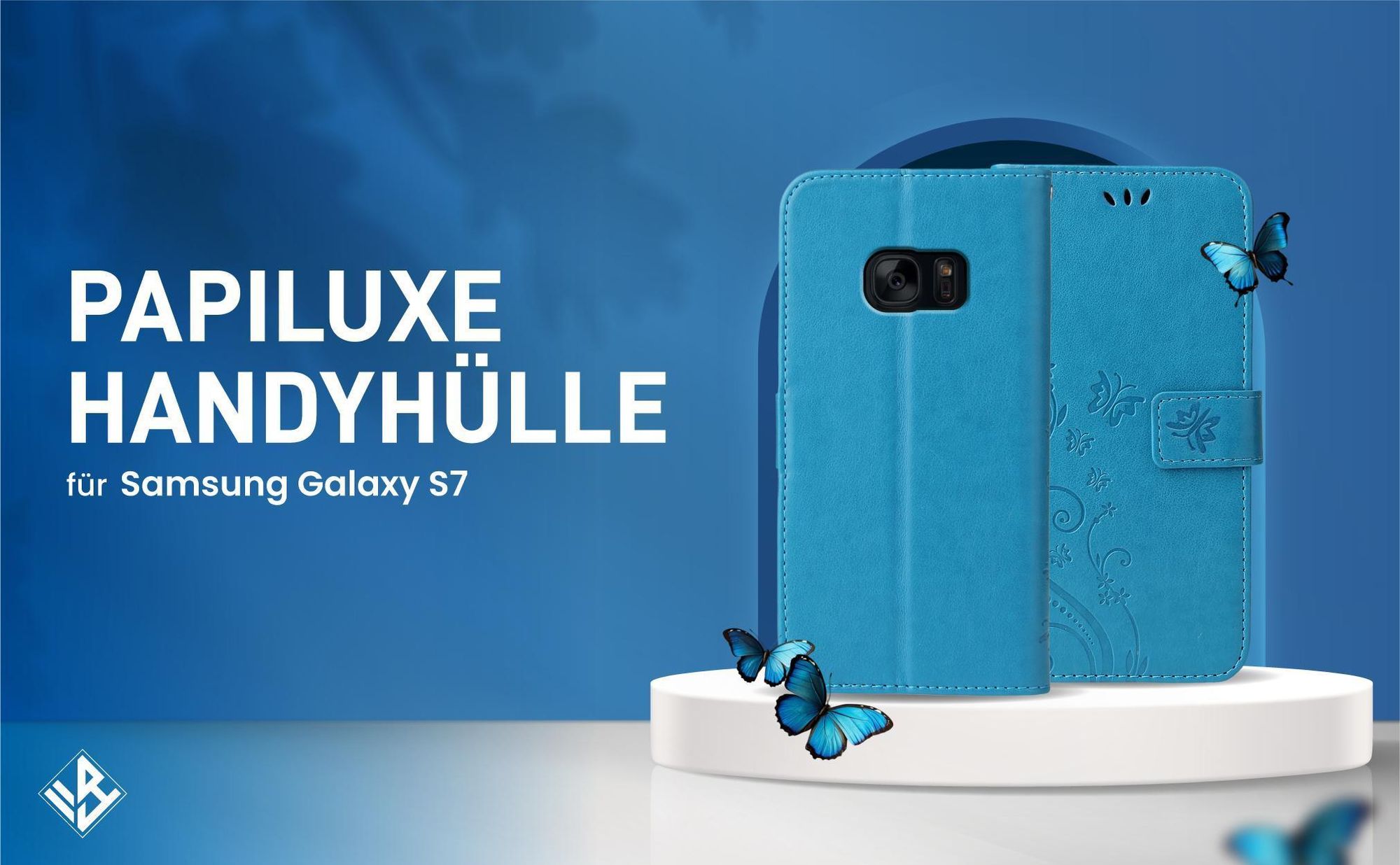 Blaue Klapphülle im Schmetterling Design für Samsung Galaxy S7 mit Wallet-Funktion