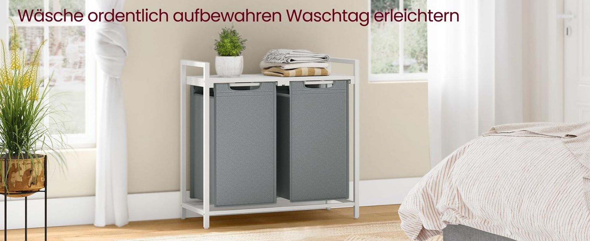 VASAGLE Wäschekorb 2 Fächer, mit Ablage, ausziehbar abnehmbar, 2 x 46 L