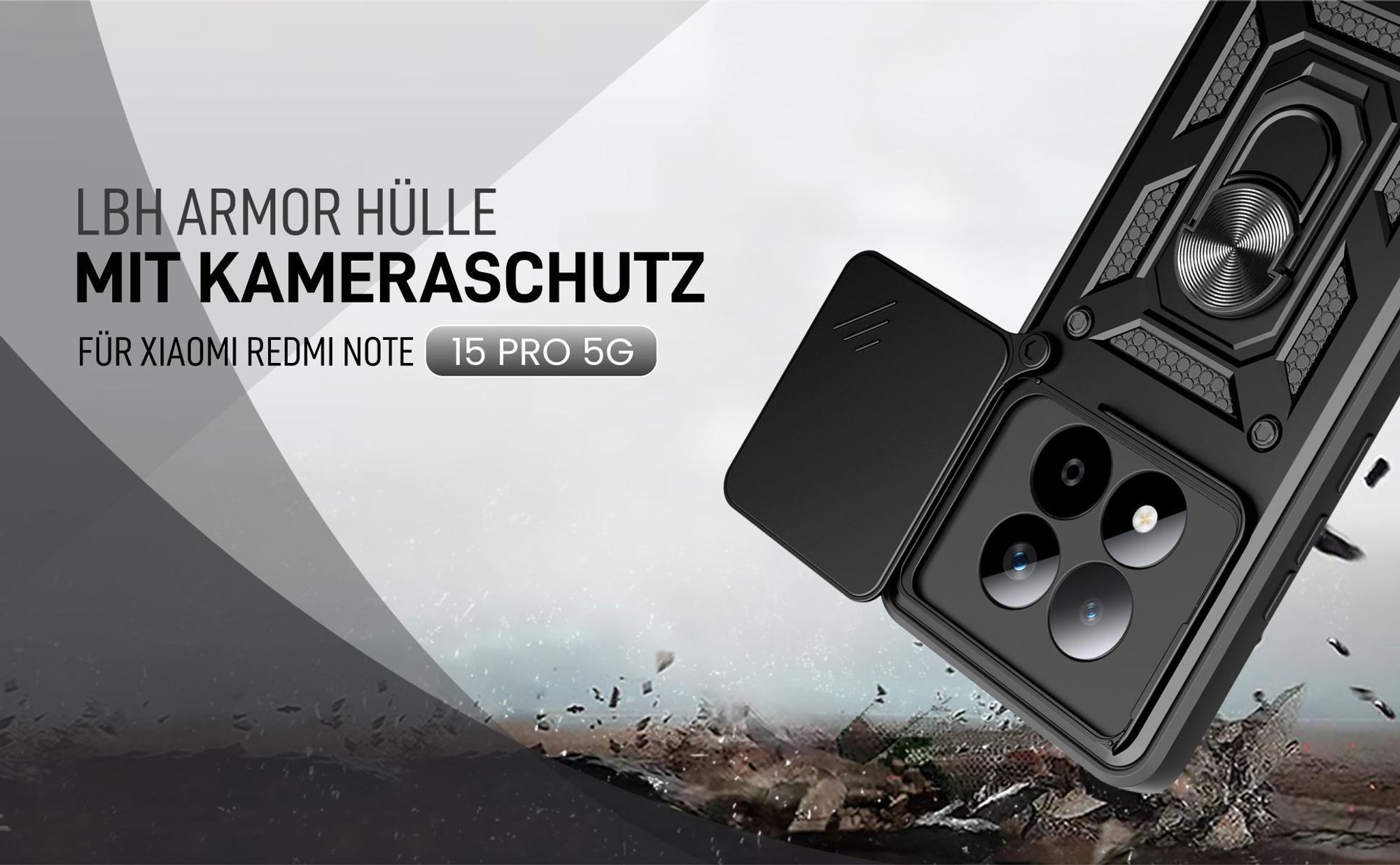 Schwarze Outdoorhülle mit Kameraschutz für Xiaomi Redmi Note 15 Pro 5G