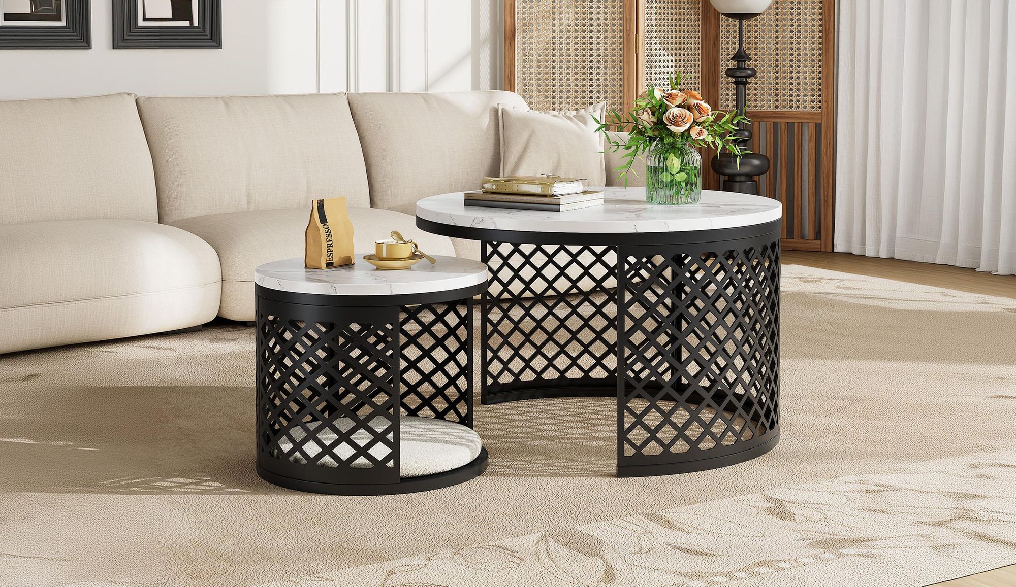 okwish 2-in-1-Couchtisch mit Stauraum, Sofatisch Tischplatte in Marmoroptik,Gitter-Hohlraum-Design, Schwarz