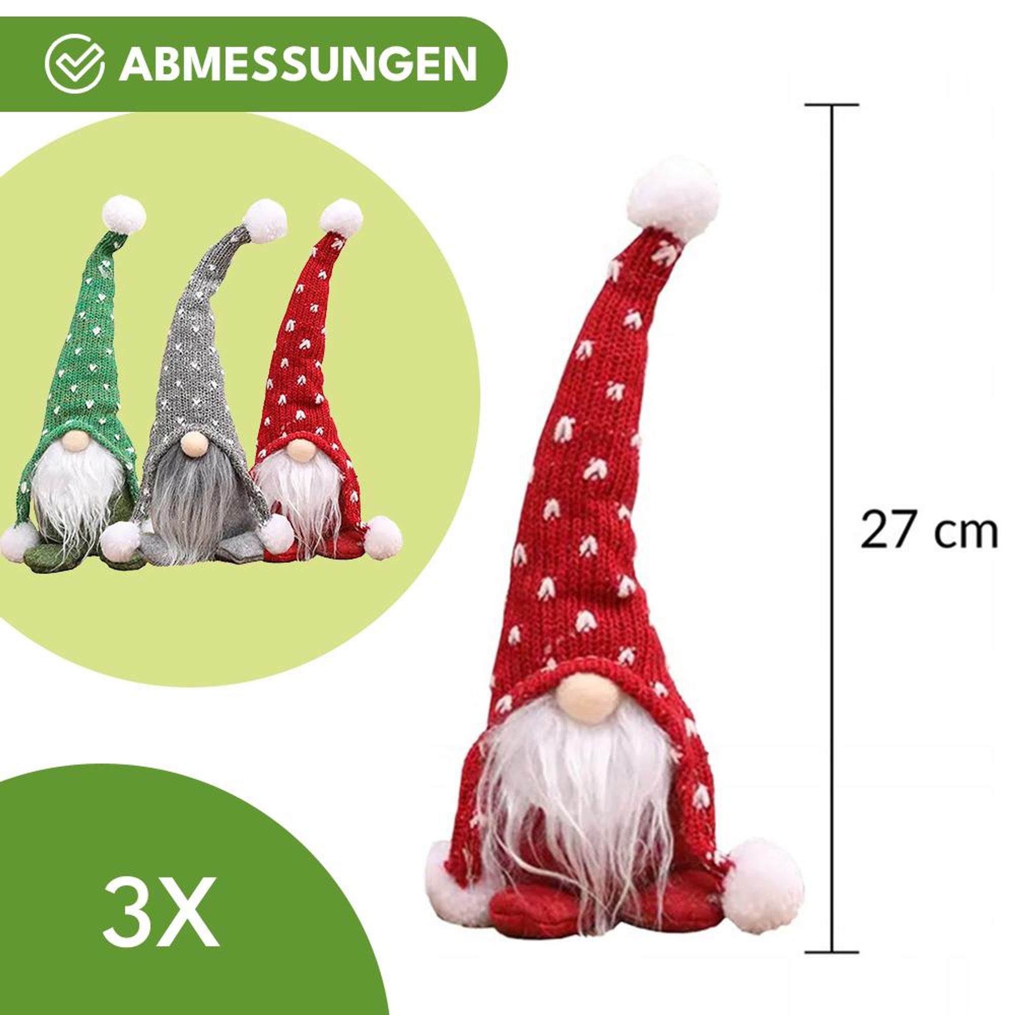 KRUMAD Weihnachtswichtel Set 3 Stück – 27 cm Dekofiguren in Rot, Grün & Grau – Skandinavische Weihnachtsdeko Figuren mit Gewicht – Festliche