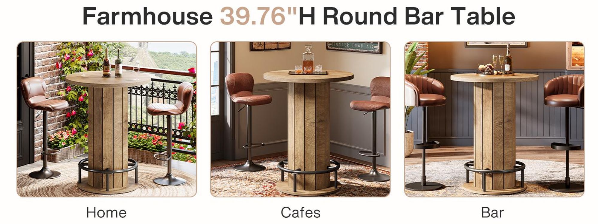 Tribesigns Runder Bartisch, 100 cm hoch, Holz, Bistrotisch mit Metallring-Fußstütze für Esszimmer, Kaffee, Cocktail, Wohnzimmer, Hellbraun