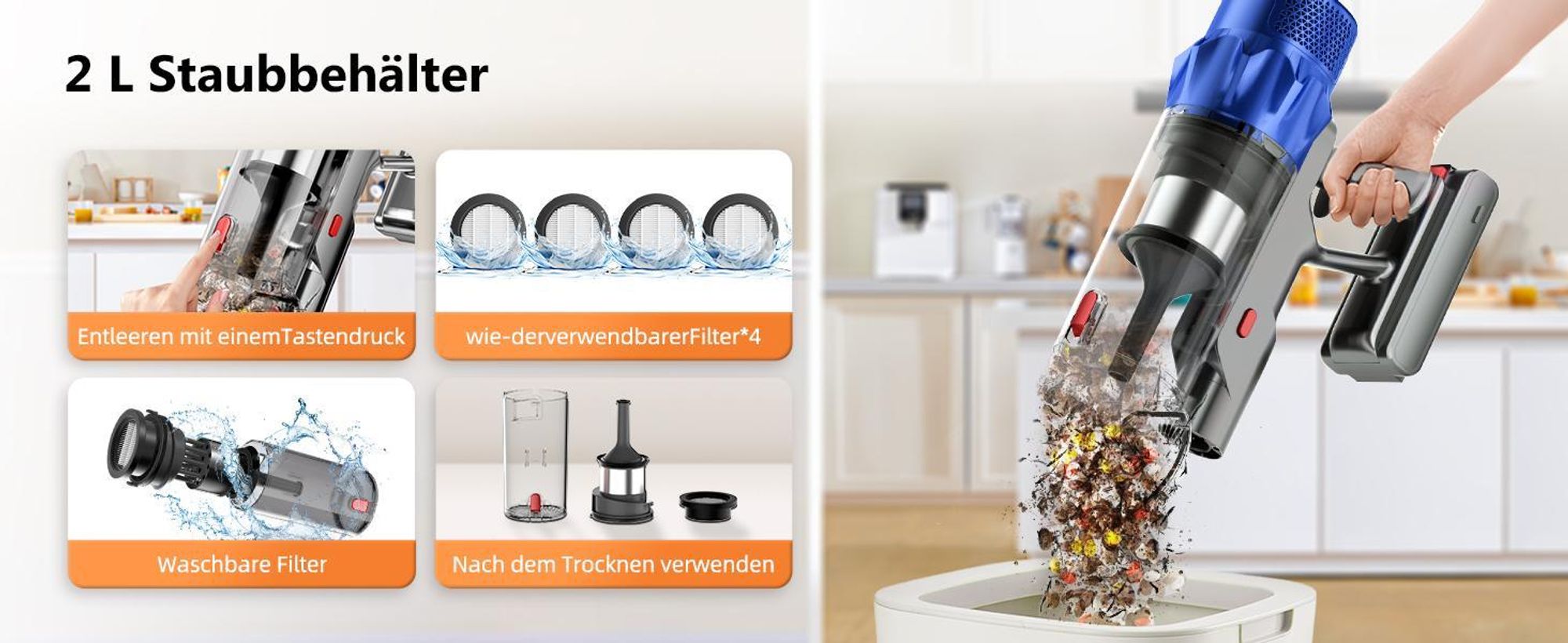 Hiazurm Akku Staubsauger, 85000Pa Staubsauger kabellos mit Touchscreen, HEPAx4, 80Min, Schlauchbürste, Staubsauger, 2L, Anti-Tangle-Staubsauger