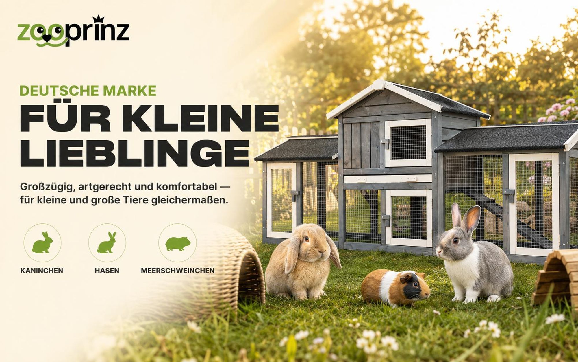 zooprinz Hasenstall Don Camillo | XXL mit Doppelauslauf | 210x85,5x54cm (BxHxT) | Wetterfest | Kiefernholz