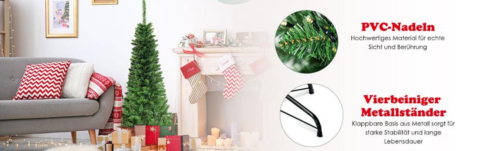 COSTWAY 200cm Bleistift Weihnachtsbaum mit warmweißen LED-Leuchten, künstlicher Tannenbaum mit Klappsystem und Metallständer, Christbaum PVC Nadeln, Kunstbaum Weihnachten Grün