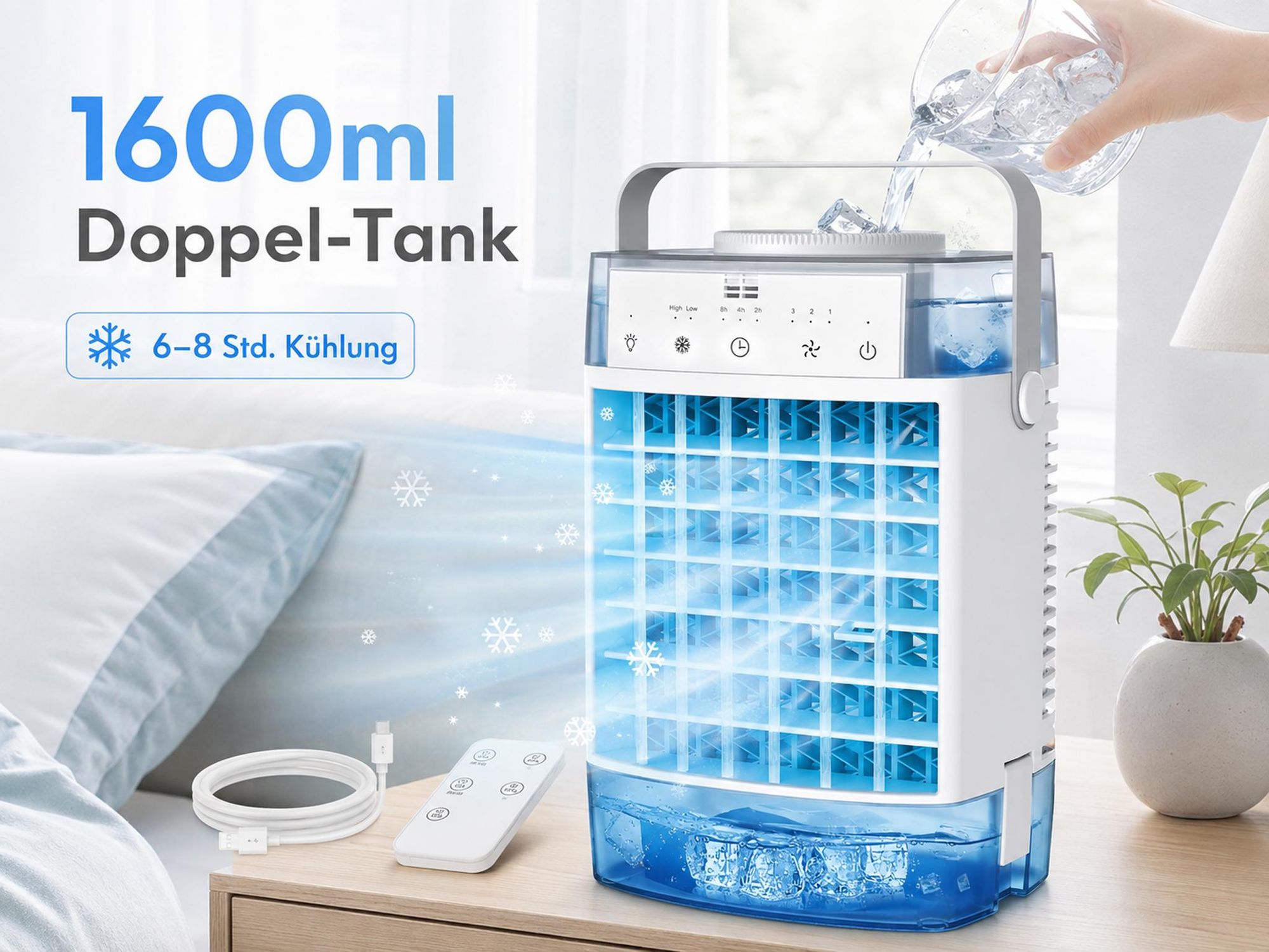 Mini Klimaanlage 4 in 1,Klimagerät Tragbar Leise,Ventilator mit Wasserkühlung 2 Modi 3 Geschwindigkeiten Timer RGB-Licht für Zimmer Camping,Grau