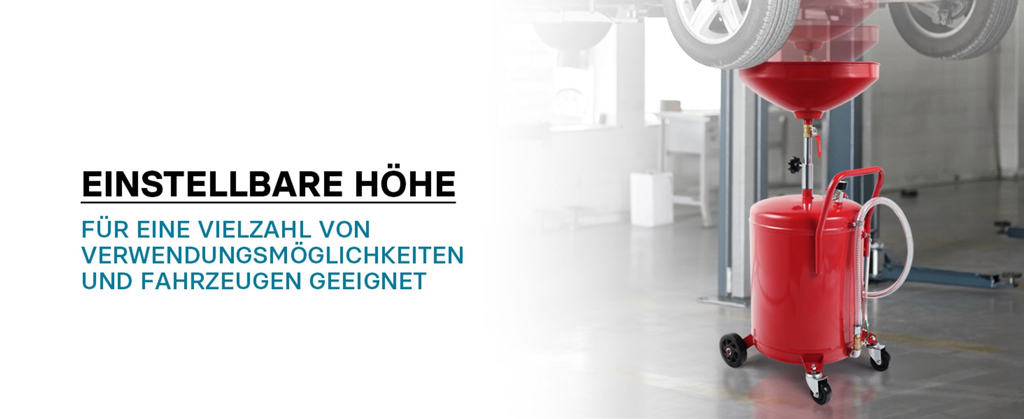 Ölauffanggerät für 80l, höhenverstellbar 122-168 cm mit 4-Rad-Fahrwerk, Entleerung mittels Luftdruck