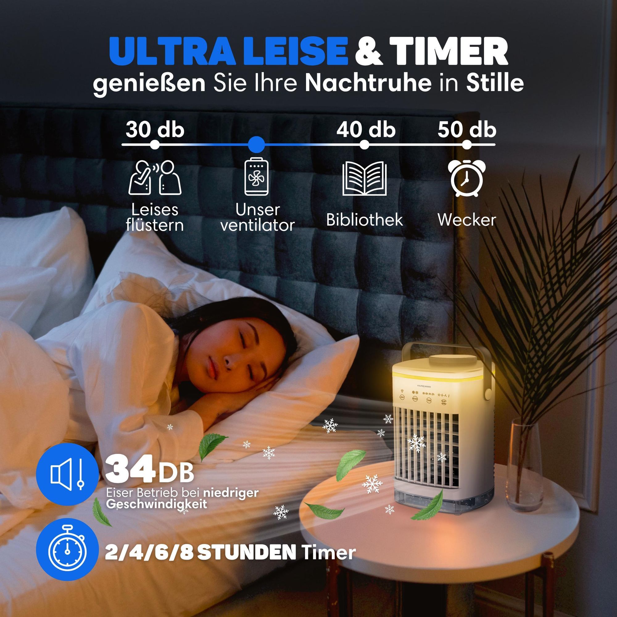 Vulpes Goods Mini-Klimaanlage, Mobile Klimaanlage, Luftkühler 4-in-1, 4 Windgeschwindigkeiten, 2 Luftbefeuchtungsmodi, Timer, Auslaufsicher