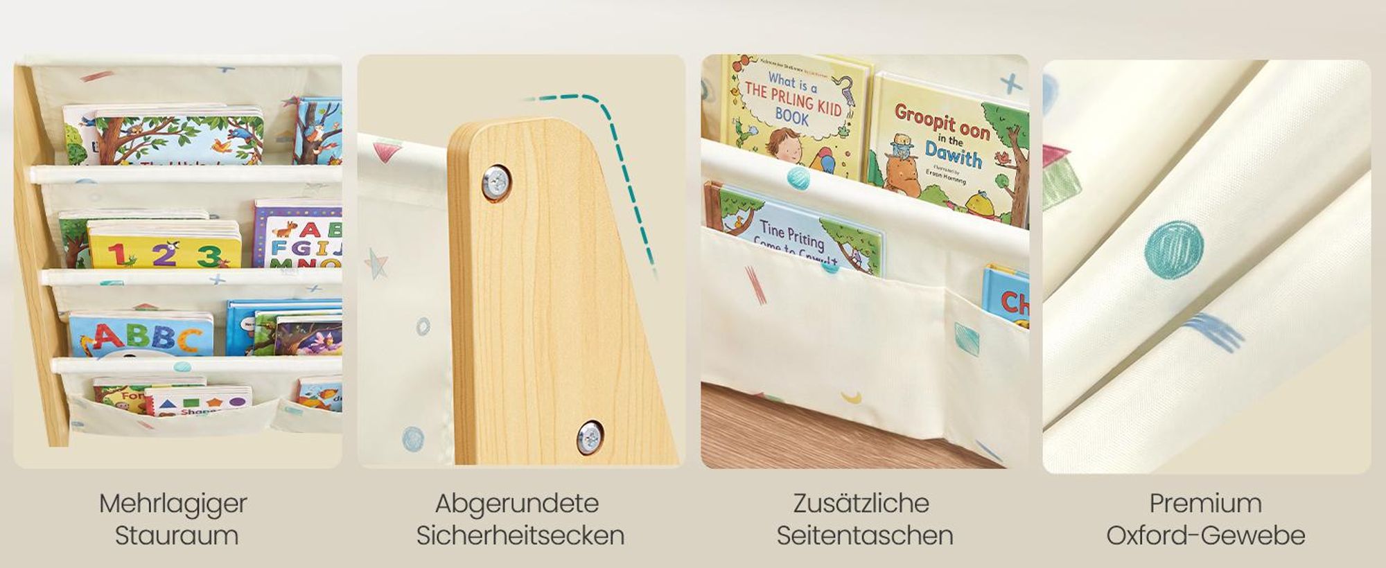 SONGMICS Kinderregal Bücherregal mit 4 Ebenen Sicher und Stabil für Kinderzimmer 62,4 x 25 x 60 cm Buchenbeige