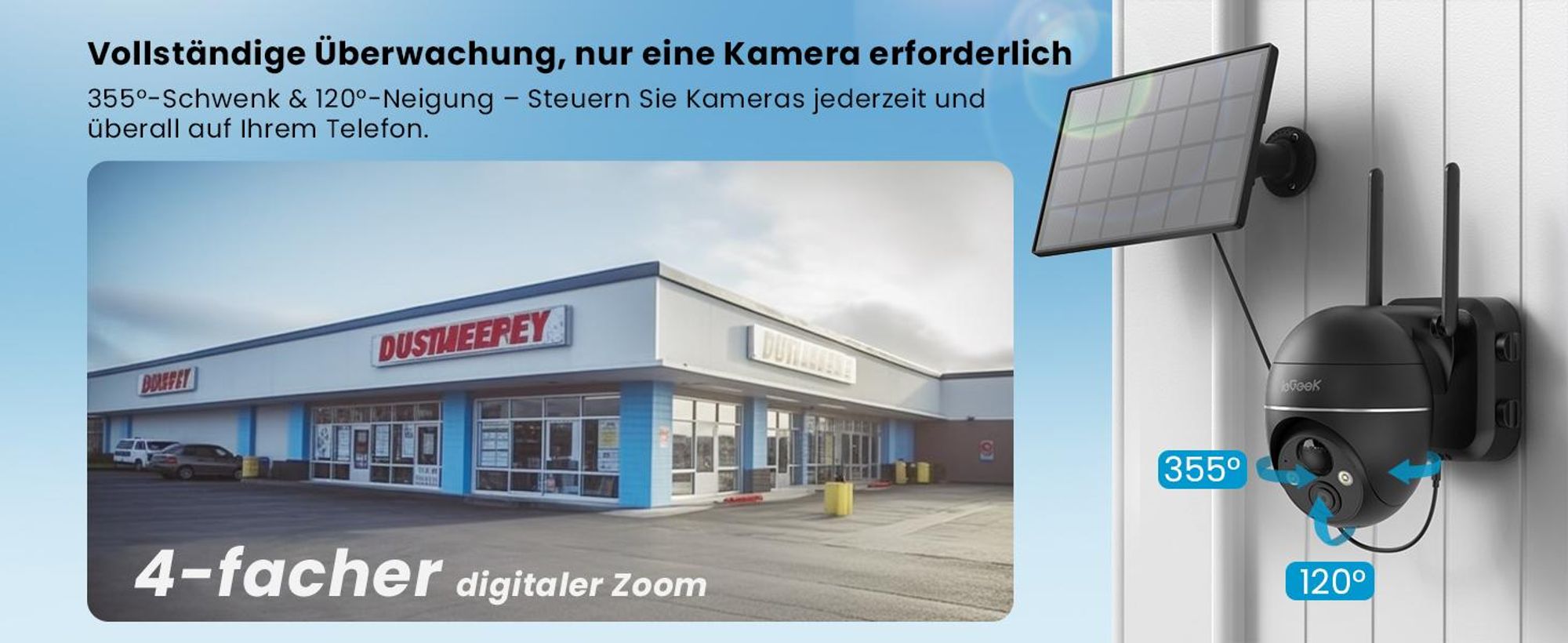 ieGeek 2K Solar Überwachungskamera Außen, 355° PTZ IP Kamera Wlan Farbnachtsicht