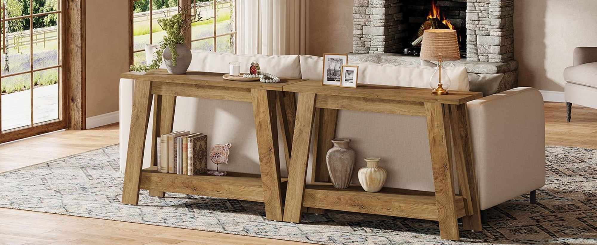 Tribesigns Konsolentisch im Landhausstil, 2-stufiger Holztisch mit Stauraum, rustikal, schmal, für Wohnzimmer, Flur, Eingangsbereich, Natur