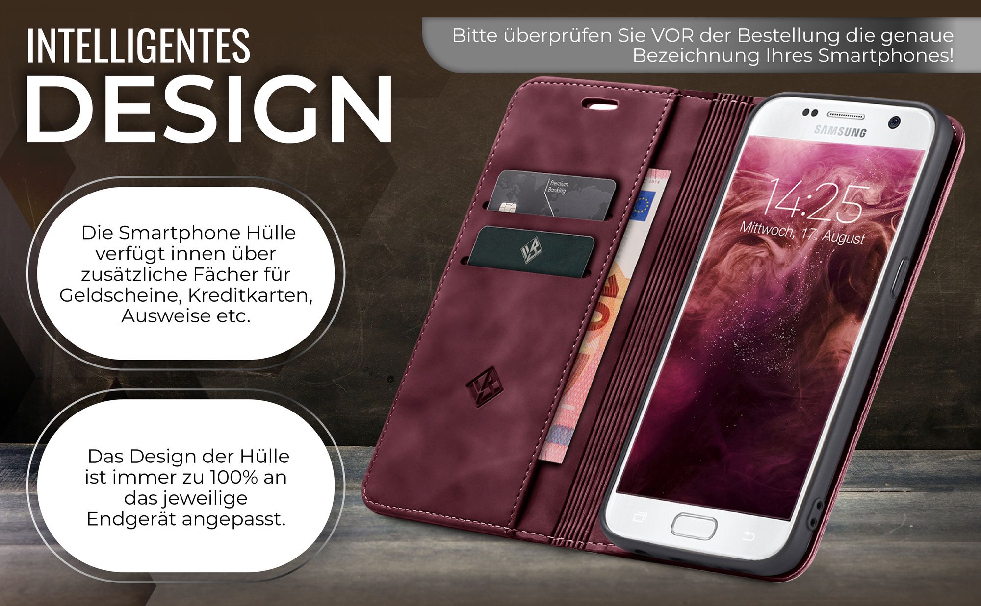 Handy Hülle für Samsung Galaxy S7 Klapphülle Bookcase Flip Cover Handy Tasche Etui Farbe: Hellbraun