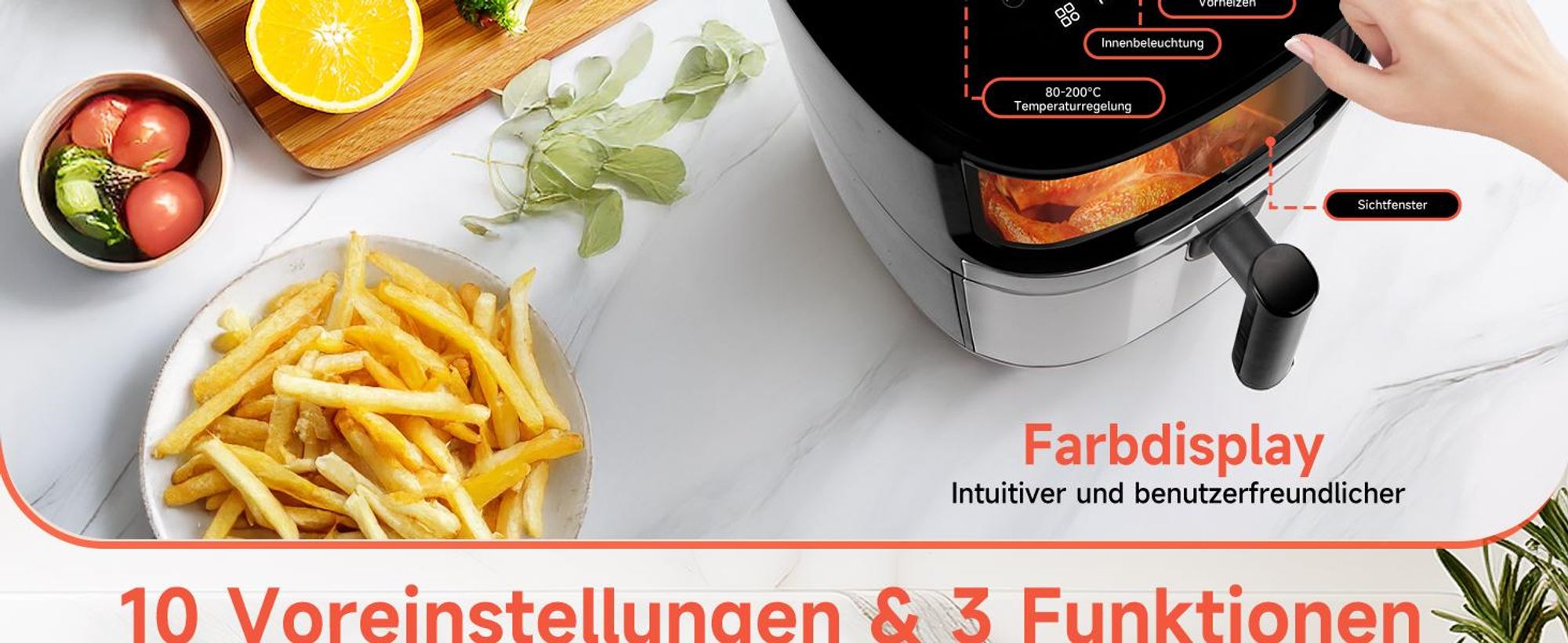 Aigostar Heißluftfritteuse Dual Blaze™ Heißluftfritteuse XXL, 8L Air Fryer 2000W mit Sichtfenster, 10 Programme, 3 Kochfunktionen 2000 W Sichtfenster,