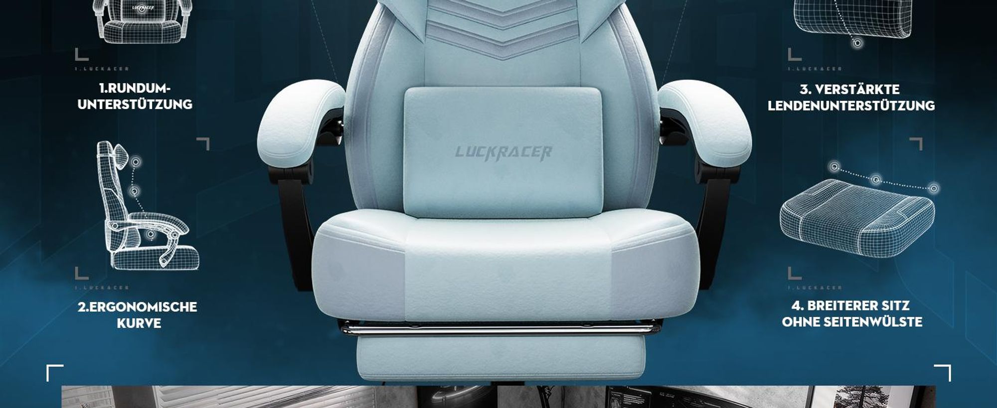 LUCKRACER Gaming Stuhl, Bürostuhl mit verbundenen Armlehnen, Memory-Schaum-Kissen, 90–155° Neigungswinkel und Fußstütze, strapazierfähigem Funktionsge