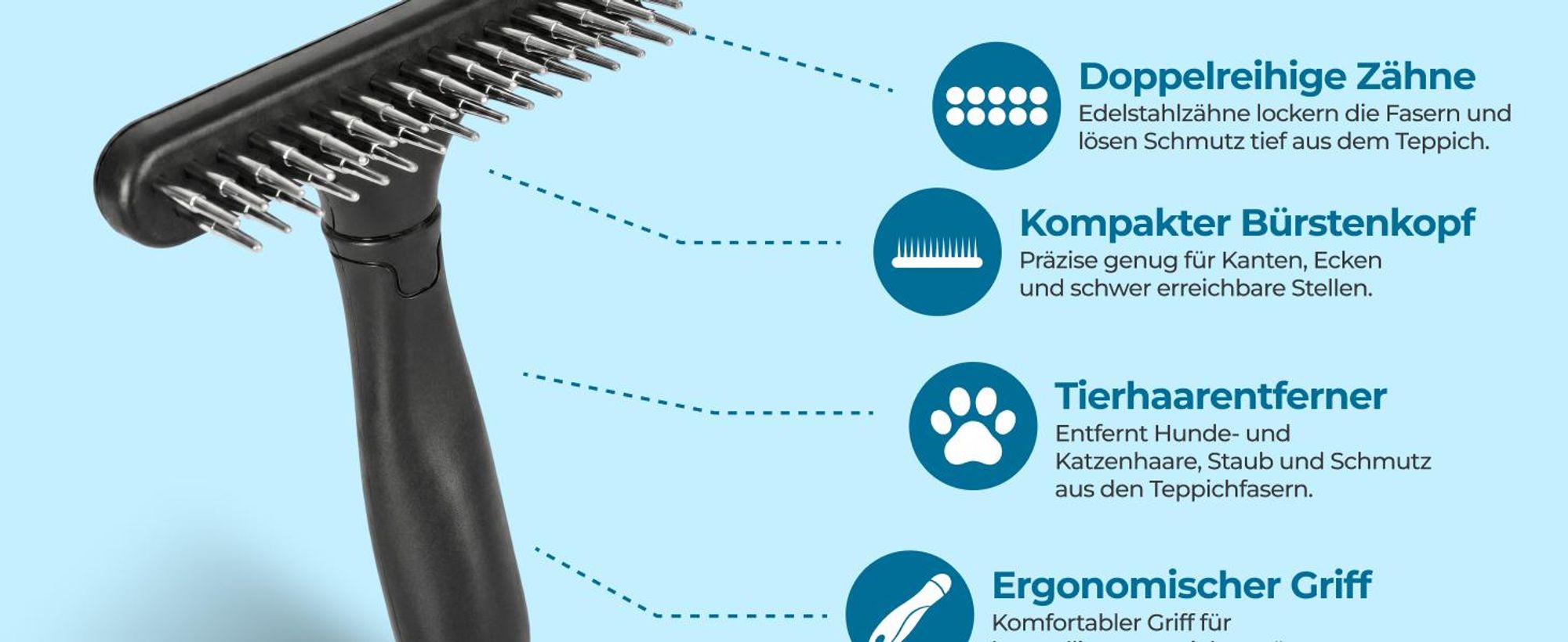 Glissimo Teppichbürste zum Auflockern von Fasern geeignet für Haustiere zur Reparatur von plattgedrücktem Teppich ergonomisches Design