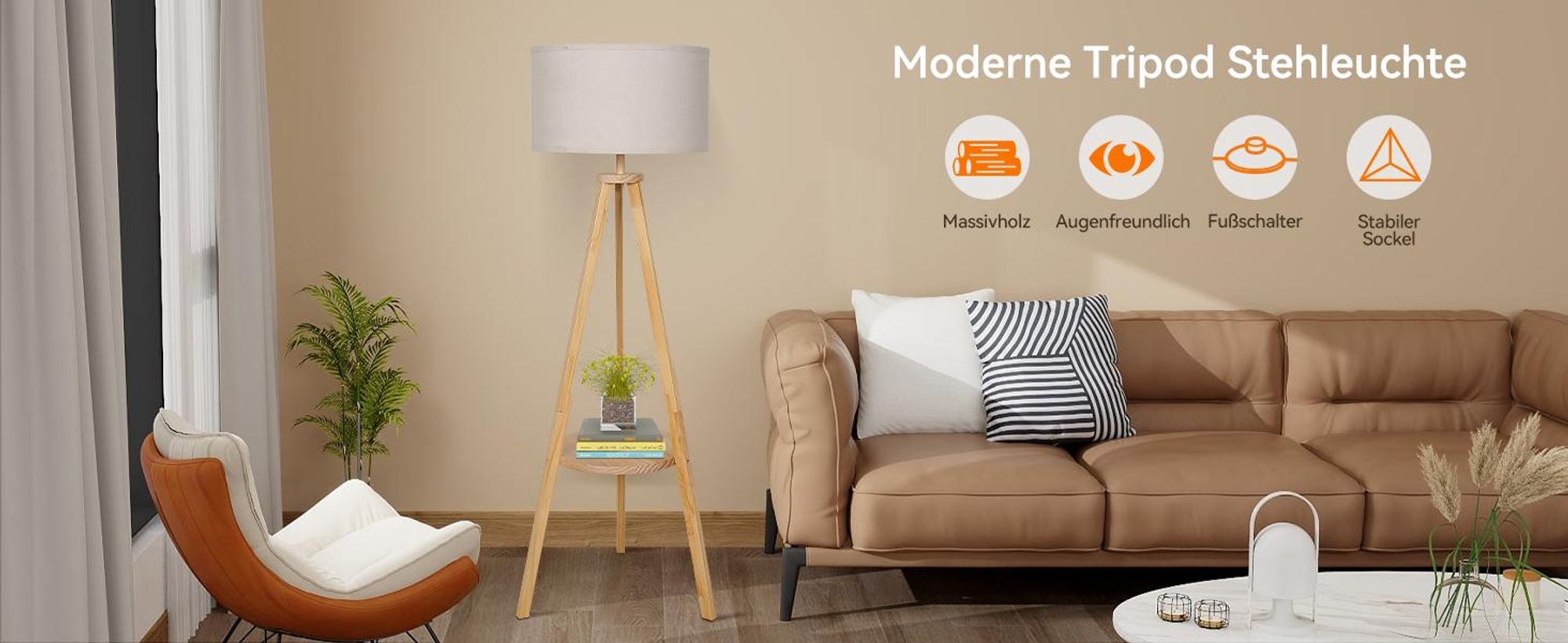 Puluomis Stehlampe Stehleuchte Standleuchte standlampe Bodenlampe, Holz Regal, mit Fußschalter, E27 Beleuchtung für Schlafzimmer Wohnzimmer Beige