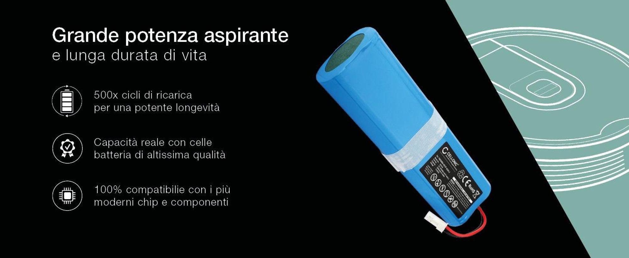 CELLONIC 1x Batteria per Aspirapolvere Compatibile con ZACO V3, V40, Compatibile con ILIFE V5s Pro, Compatibile con ZACO SUN-INTE-202 – (2600mAh, 14.4V)