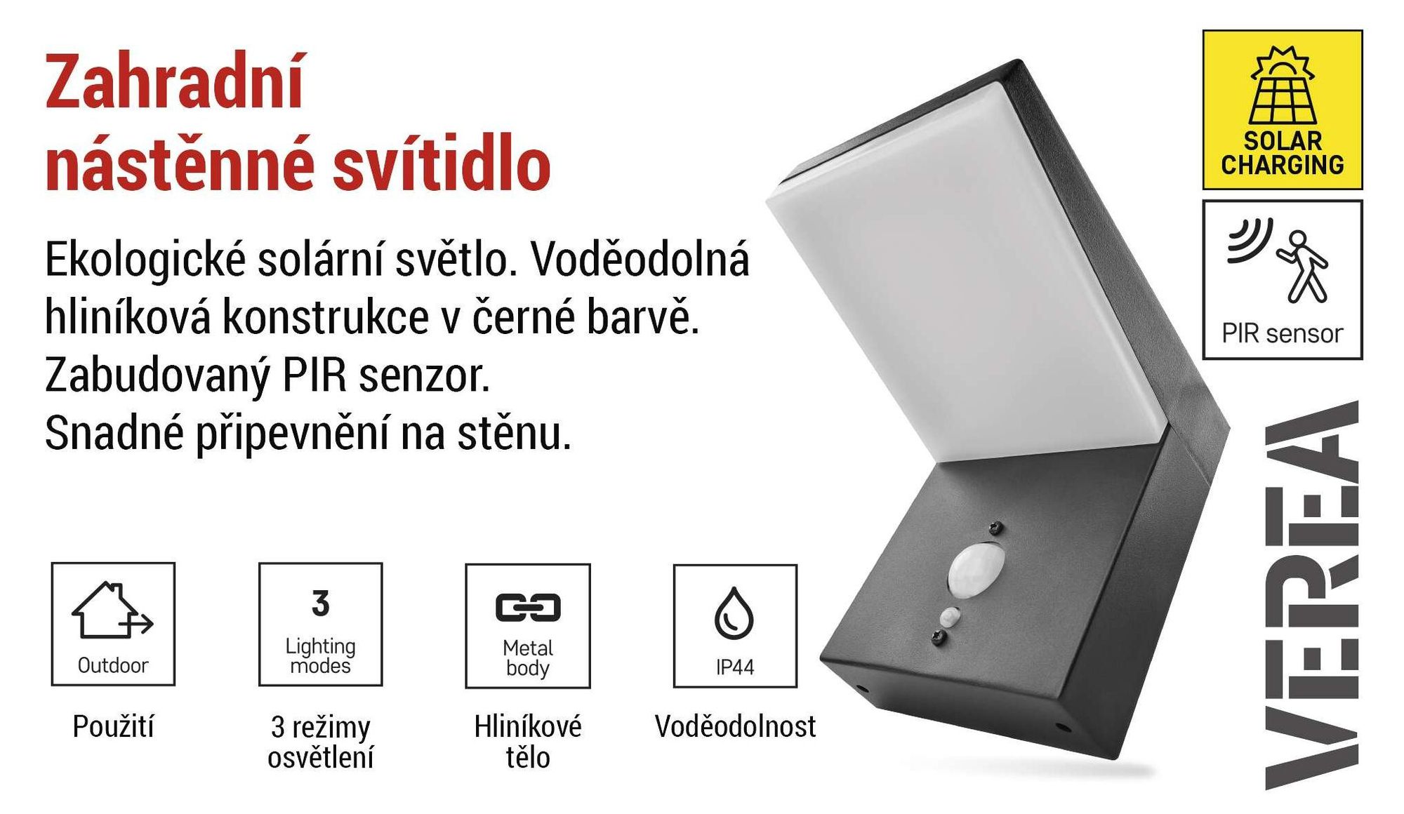 EMOS Solární nástěnné LED světlo VEREA s detektorem pohybu pro dům a zahradu, vodotěsné, 460 lm, teplá bílá, z hliníku pro montáž na zeď, ZGK044S