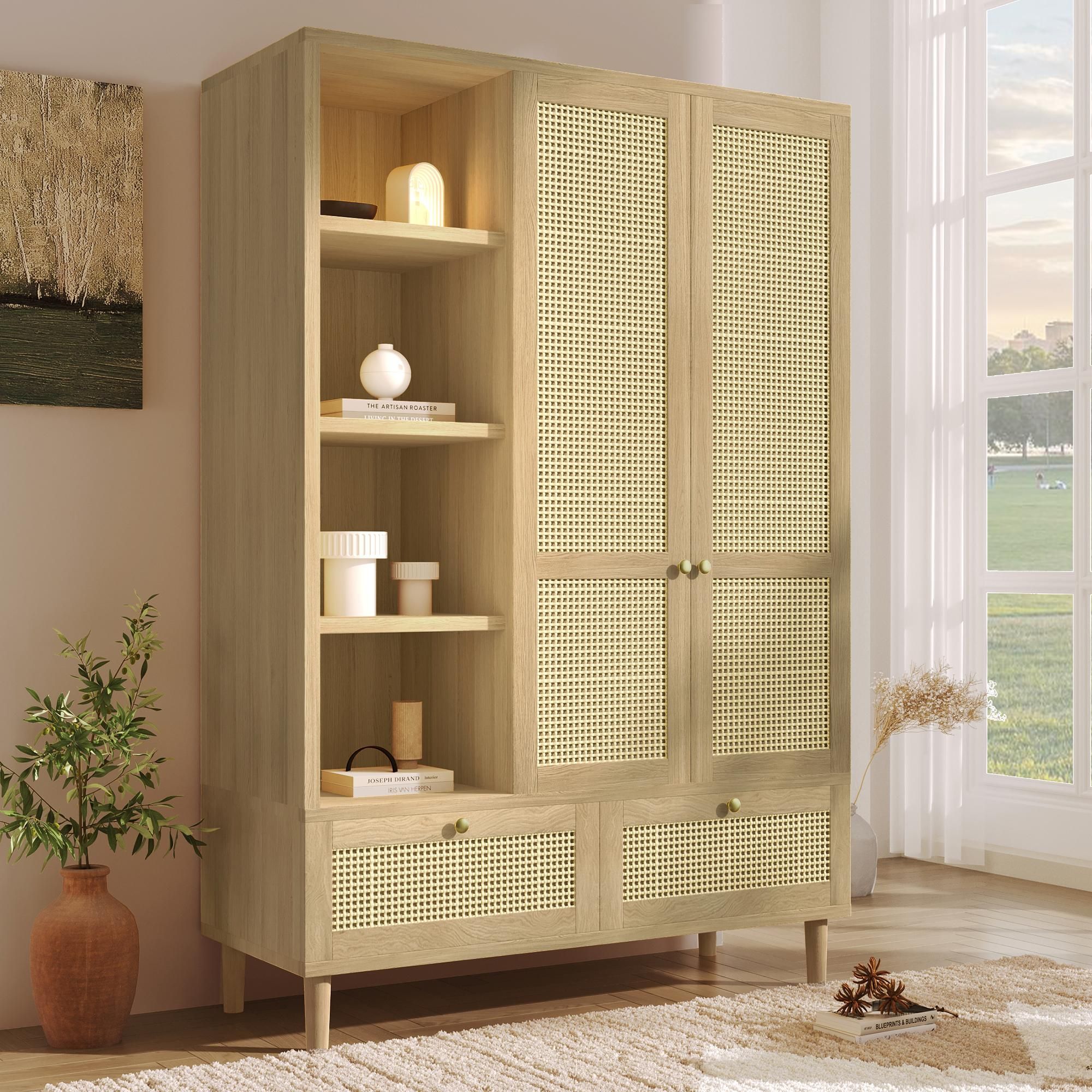 Merax Kleiderschrank mit 2 Türen und 2 Schubladen, Schlafzimmerschrank Kleiderstange mit Rattan-Flechten und offene Ablage, Garderobenschrank, Eiche