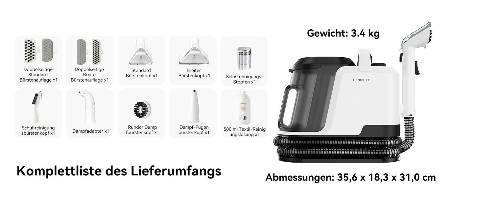Uwant Y100 Steam Polsterreiniger Gerät, 3-in-1 Dampfreiniger für Sofa, Teppich und Auto mit 18KPA, 1750W Heißdampf, 65°C Heißwasser,Kaltwasser
