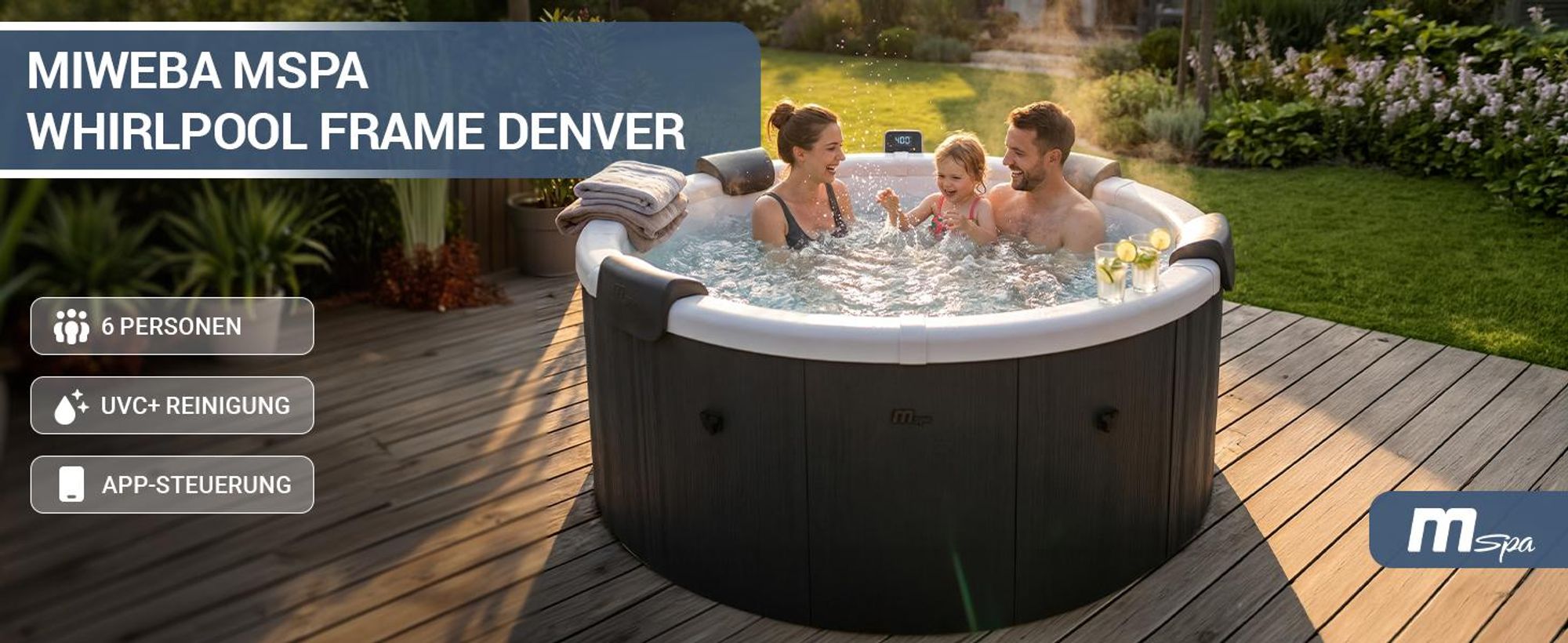 Miweba Whirlpool MSpa Frame Denver | 6 Personen - Outdoor Pool - Feste Außenwand - 130 Massagedüsen - Ganzjähriger Einsatz - Winterfest - 182x182x70cm