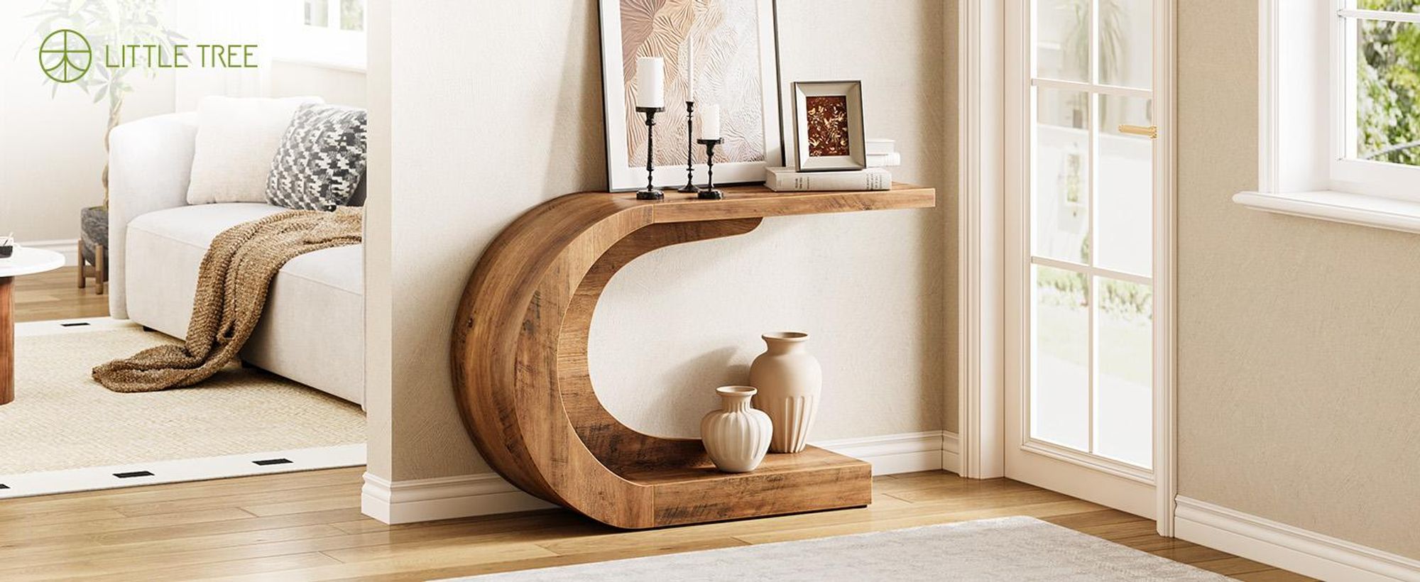 LITTLE TREE Consolle in stile rustico, 110 cm, tavolino da divano a forma di C a 2 livelli, tavolino stretto in legno per ingresso, corridoio, marrone rustico
