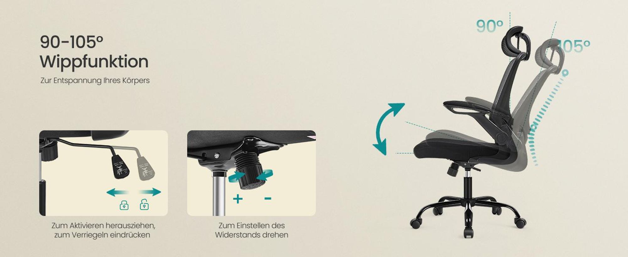 SONGMICS Bürostuhl ergonomisch, Schreibtischstuhl, Drehstuhl mit Mesh, gepolsterte Lendenstütze, Wippfunktion, 53 cm große Sitzfläche
