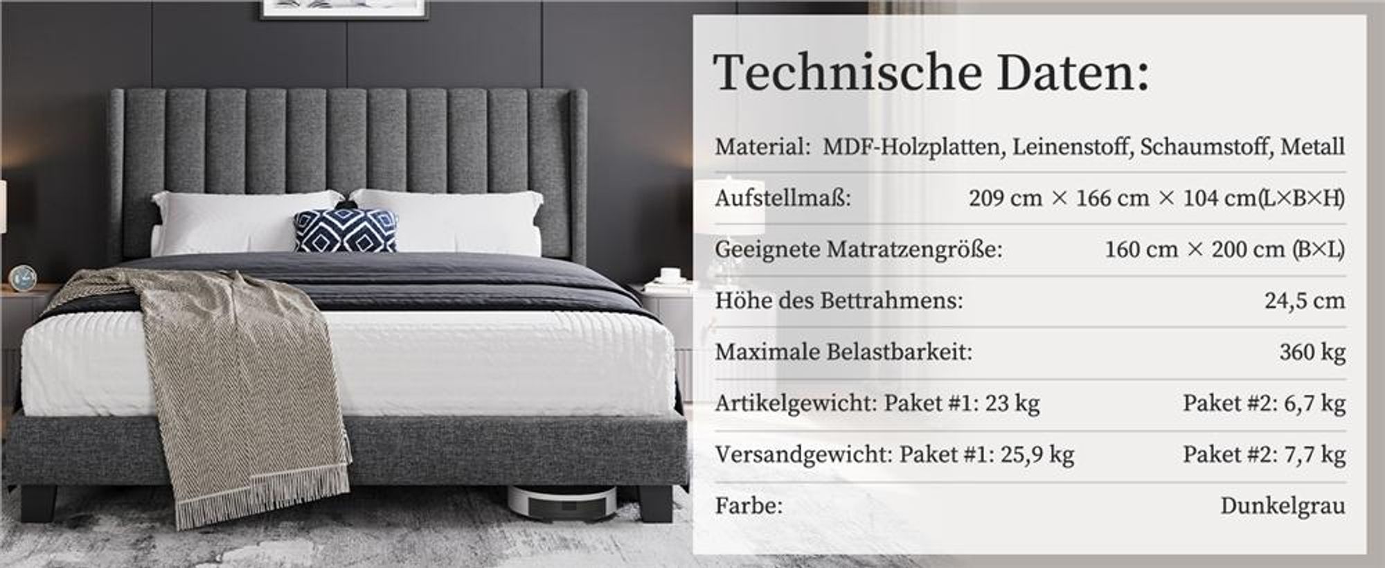 Yaheetech Polsterbett Bettrahmen Gepolstertes Bettgestell Stabiles Doppelbett Familienbett für Schlafzimmer Gästezimmer, 160 x 200 cm, Dunkelgrau