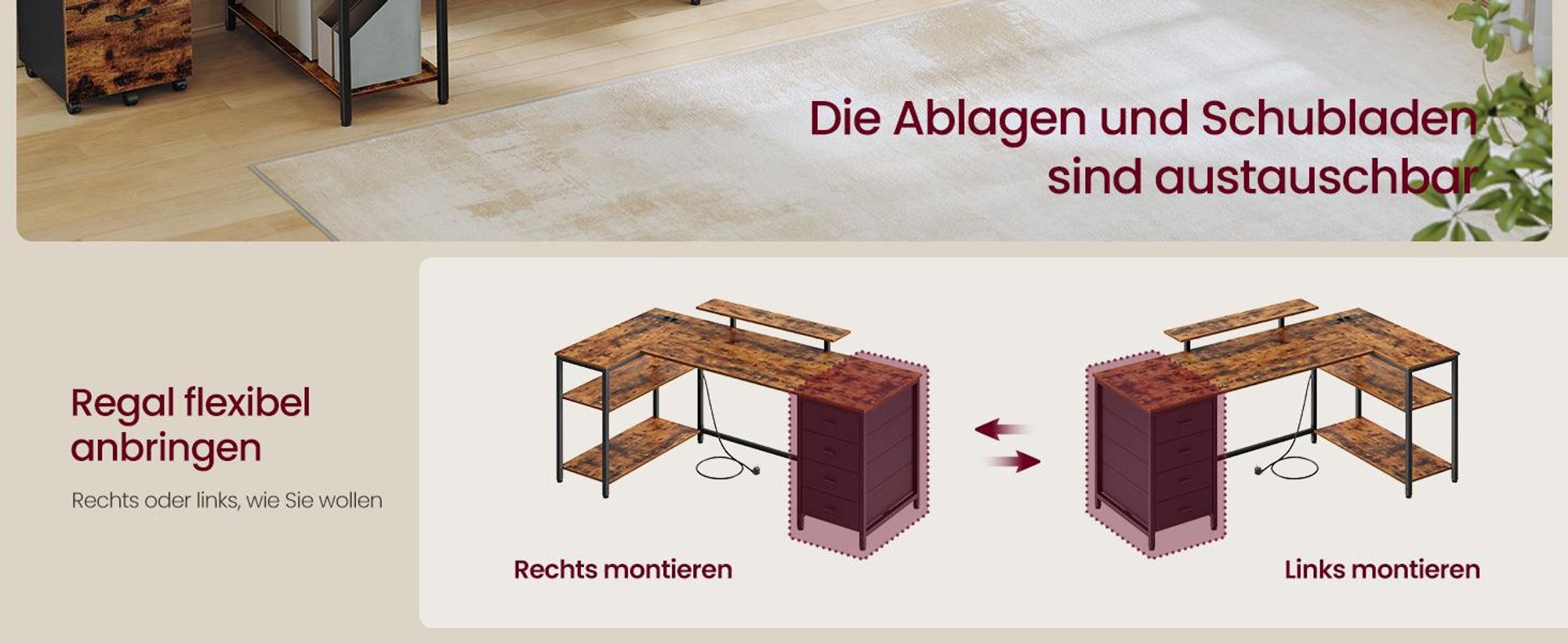 VASAGLE L-förmiger Eckschreibtisch mit USB-Anschlüssen, Computertisch, 2 Ablagen, 4 Schubladen, 160 x 80 cm, braun