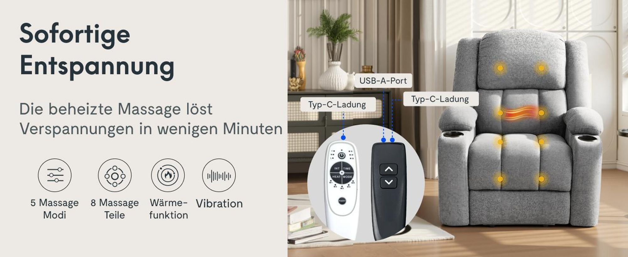 FLEXISPOT XL6 Elektrischer Massagesessel mit Aufstehhilfe, Heizfunktion, USB-Anschluss, 105°-165° verstellbar, belastbar bis 200 kg (Hellgrau)