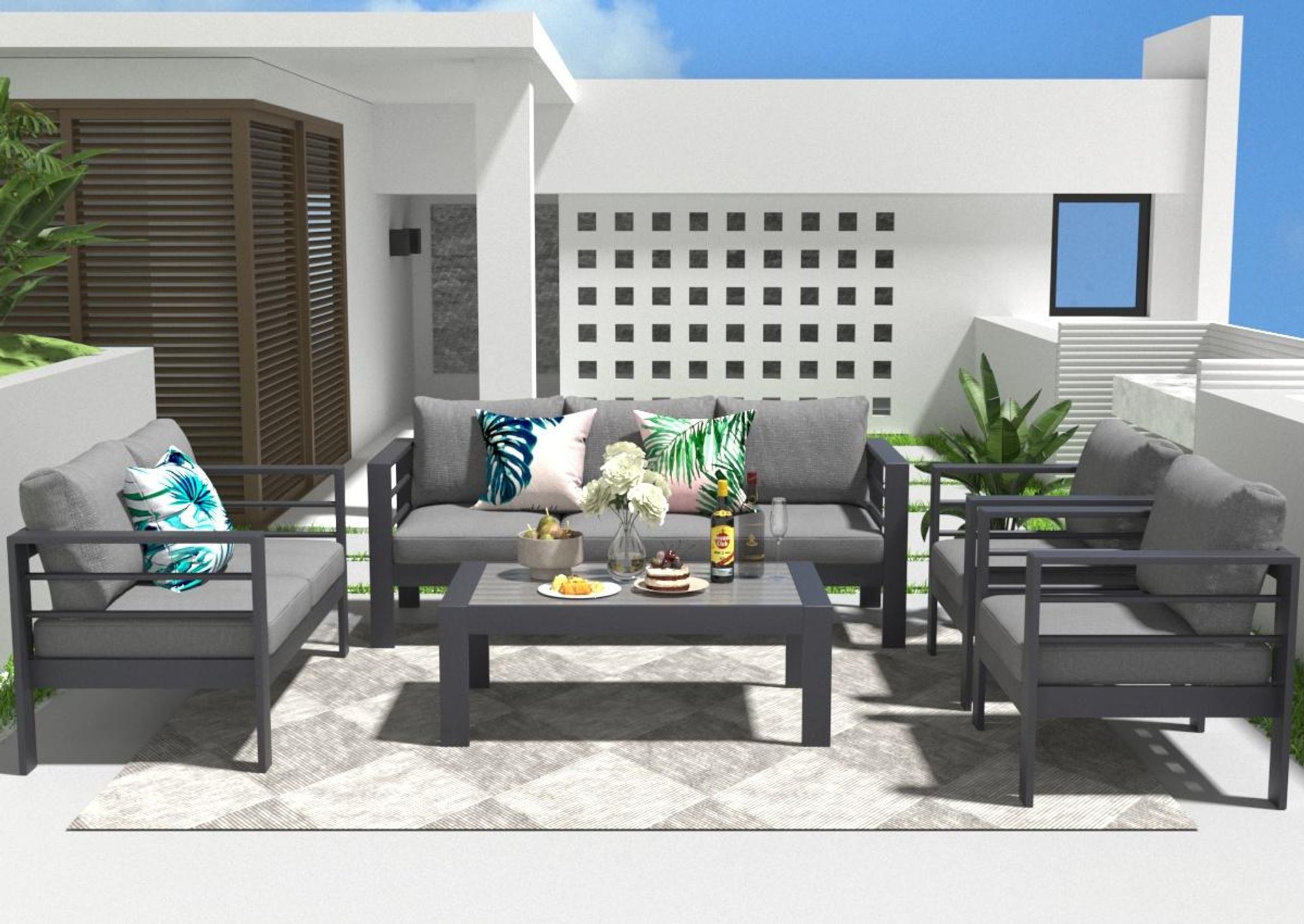 MeXo Gartenmöbelset, Loungeset Aluminium für 6-7 Personen mit Kissen und Couchtisch Indoor Outdoor Balkon grau (Sitzgruppe, Aluminiumrahmen)