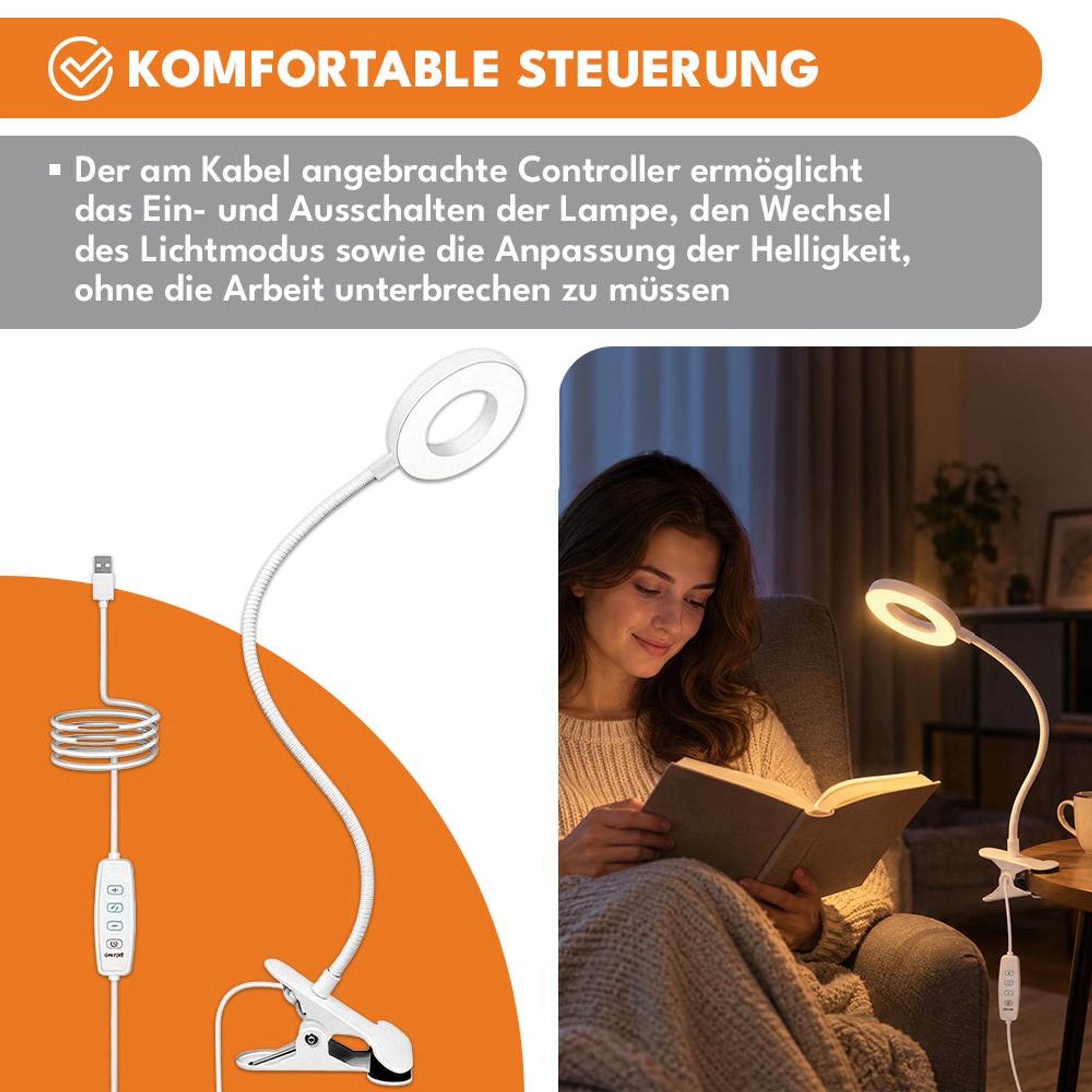 KRUMAD Leselampe, Leselampe mit Klemme, LED Klemmleuchte für Bett und Schreibtisch, 48 LEDs, 3 Lichtmodi, 10 Helligkeitsstufen, USB, Weiß