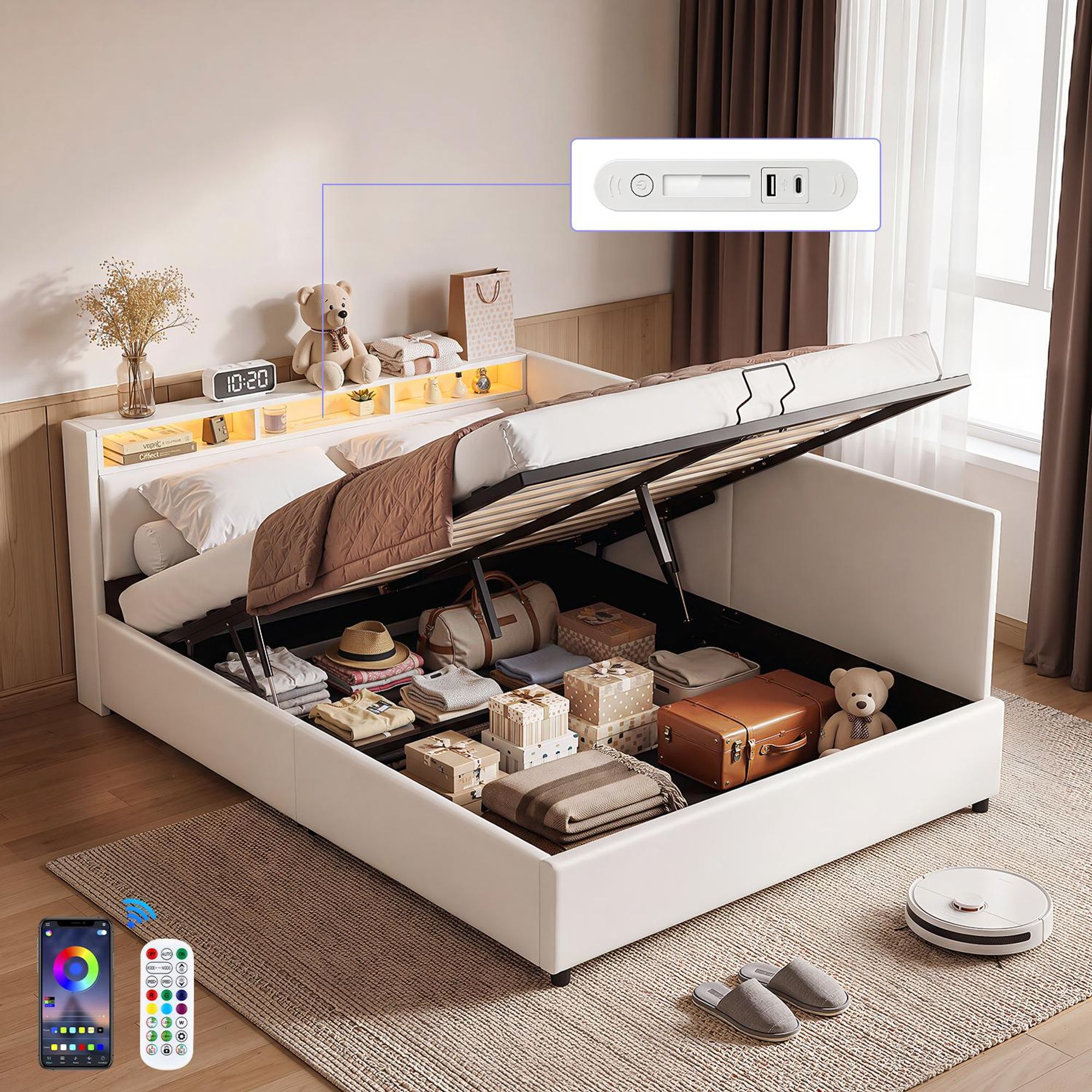 OYAJIA Polsterbett Daybett Tagesbett Jugendbett Mit USB&TYPE-C,Hydraulisch hebbarer Stauraum ,Schlafsofa,Mit LED-Beleuchtung, Ladefunktion, 140x200cm