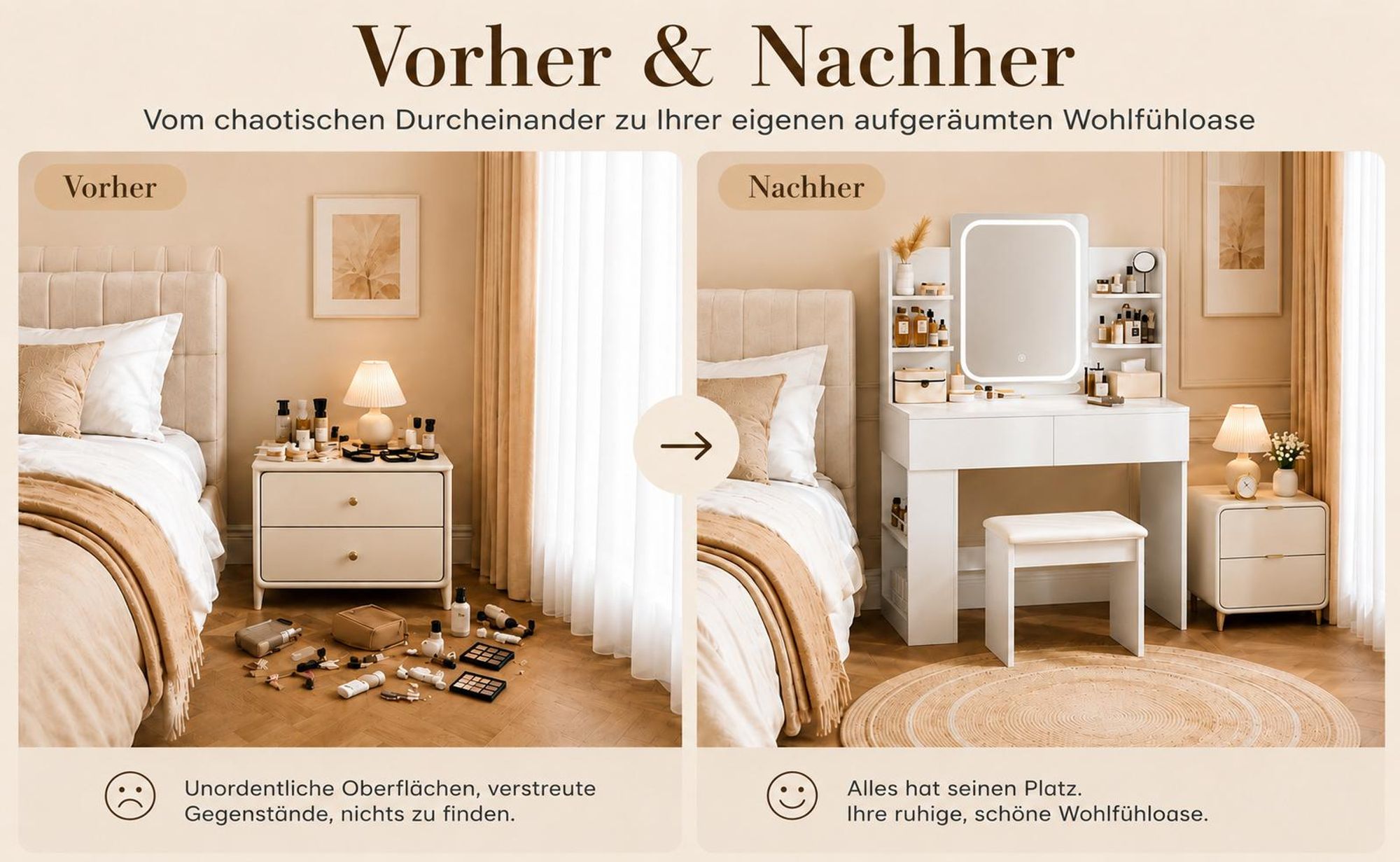 Yorbay Schminktisch mit Beleuchtung, Schminktisch mit Spiegel und LED Lichtleiste (90x40x135 cm), DREI Farbtemperaturen,8 offene Fächer + 2 Schubladen