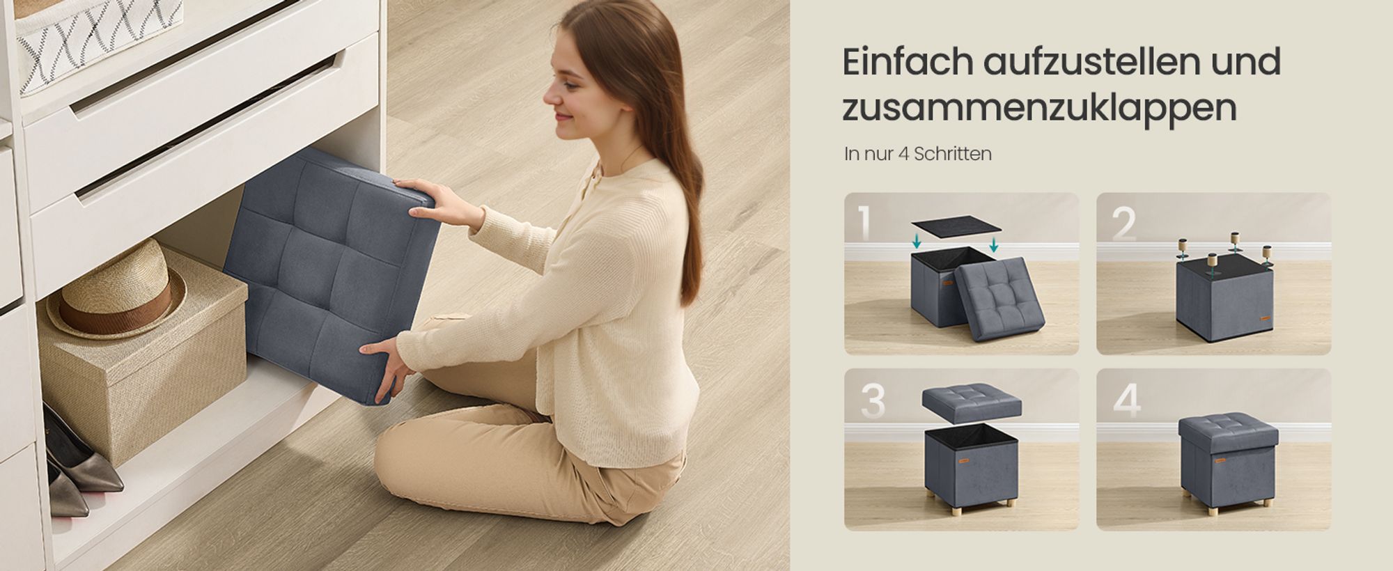 SONGMICS Sitzhocker mit Stauraum, Hocker faltbar, 38 x 38 x 40 cm, Aufbewahrungsbox mit Deckel, Fußhocker 37 L, Samt, bis 300 kg belastbar