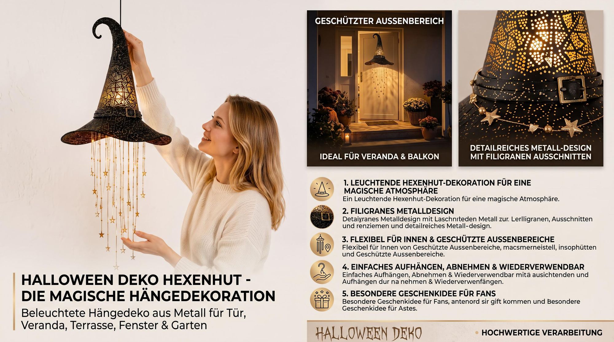 Halloween Deko Hexenhut, beleuchtete Hängedeko aus Metall, leuchtende Hexenhut-Dekoration für Tür, Veranda, Terrasse, Fenster und Garten