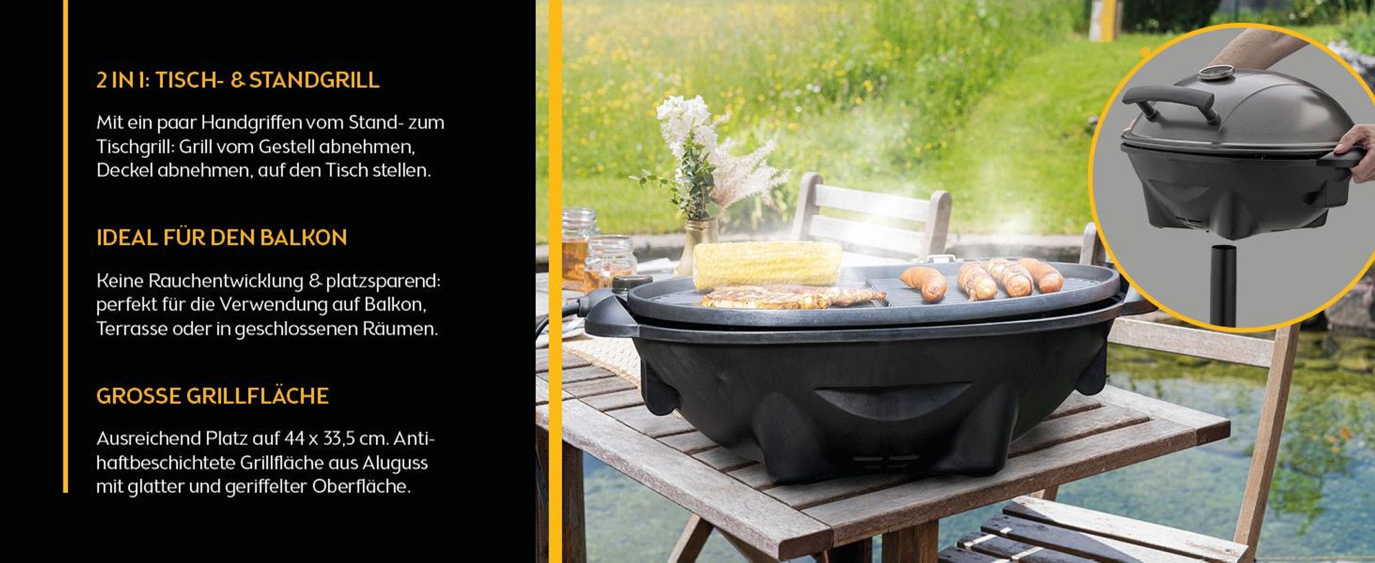 TZS First Austria - Elektrogrill 2in1 - 2400W - Kugelgrill mit Thermometer & Standfuß