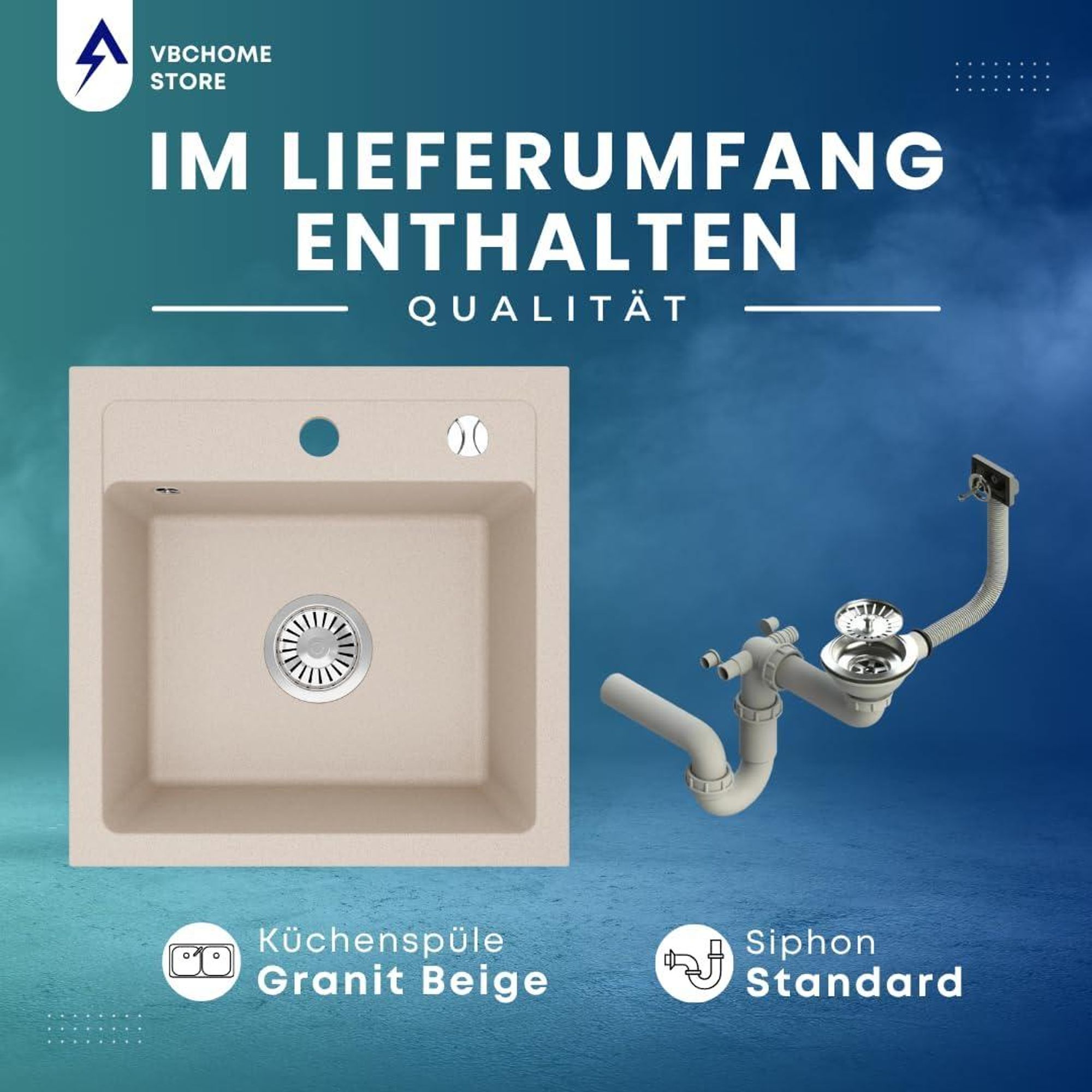 VBChome Granitspüle 44 x 44 cm Beige Einzelbecken Einbauspüle Gesprenkelt Pflegeleichtes Spülbecken mit Siphon Ideal für kleine Küchen