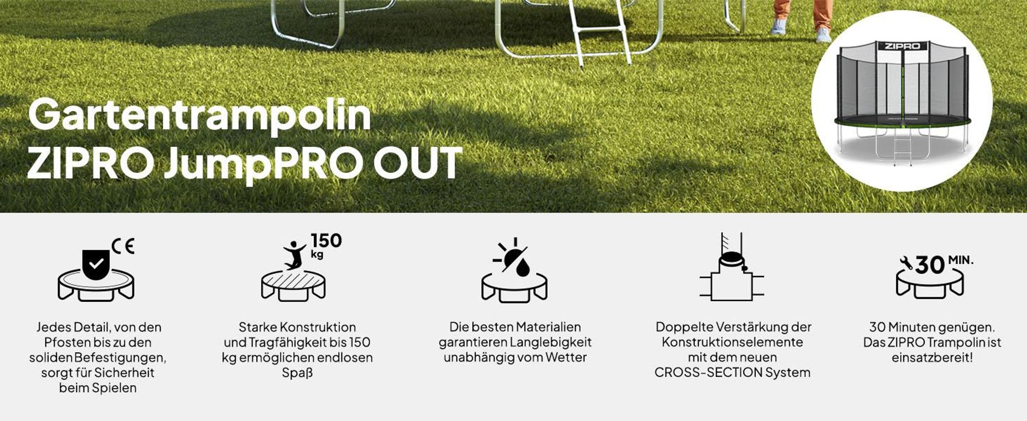 ZIPRO Trampolin Jump Pro Out | 12FT Ø 374 cm | Gartentrampolin Kindertrampolin Komplett-Set inkl. Außennetz, Leiter & Randabdeckung, Outdoor, Grün