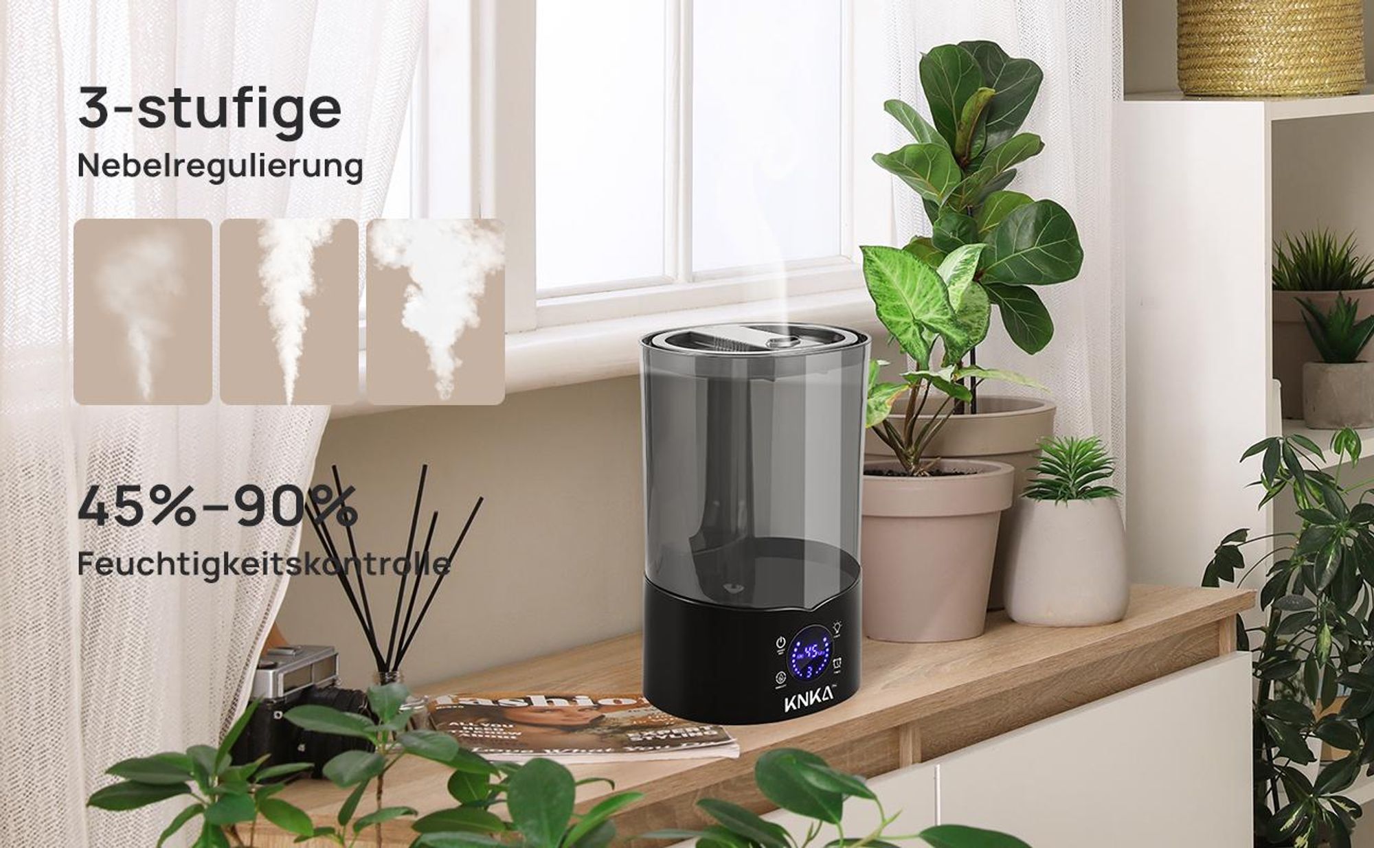 KNKA Luftbefeuchter Schlafzimmer, 4L Top-Fill Humidifier bis zu 30H, BPA-Frei, 30dB Leise Klein Raumluftbefeuchter für Baby, Kinderzimmer, Pflanzen, Schwarz