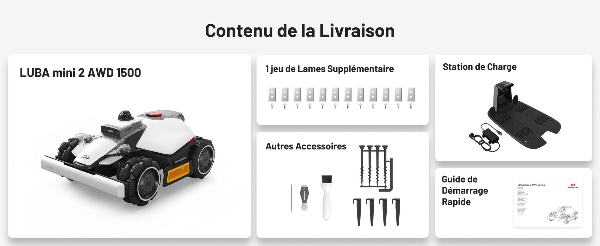 Robot tondeuse Mammotion LUBA Mini 2 AWD 1500, sans fil, jusqu’à 1500 m², coupe bordures, DropMow, cartographie, Module 4G, APP